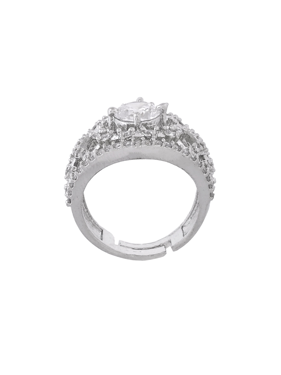 Silver Plated American Diamond Adjustable Ring for Women | CZ Stone Statement Ring