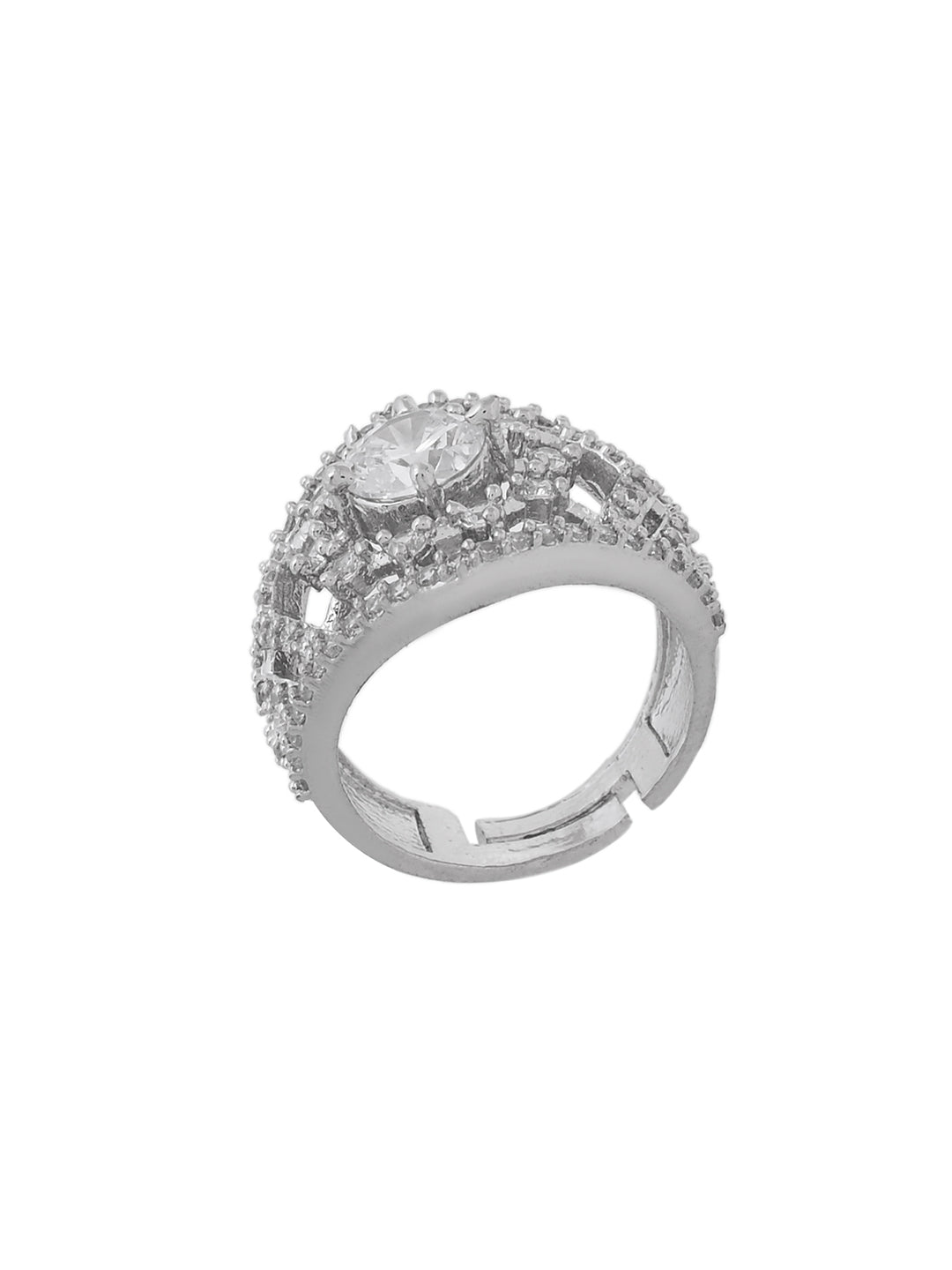 Silver Plated American Diamond Adjustable Ring for Women | CZ Stone Statement Ring