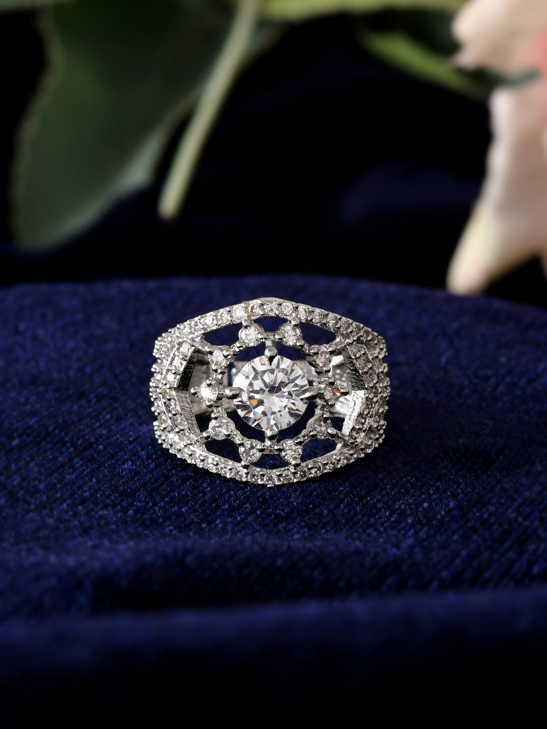 Silver Plated American Diamond Adjustable Ring for Women | CZ Stone Statement Ring