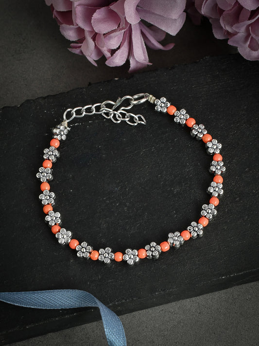 Orange Beads Silver Flower Anklets for Women Online