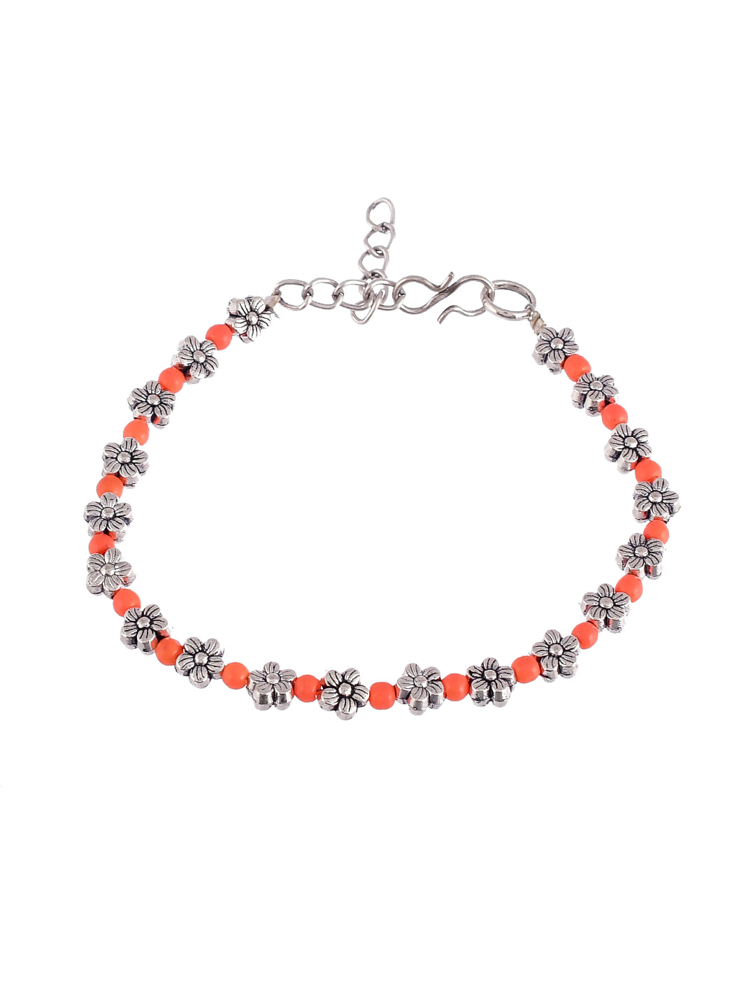 Orange Beads Silver Flower Anklet