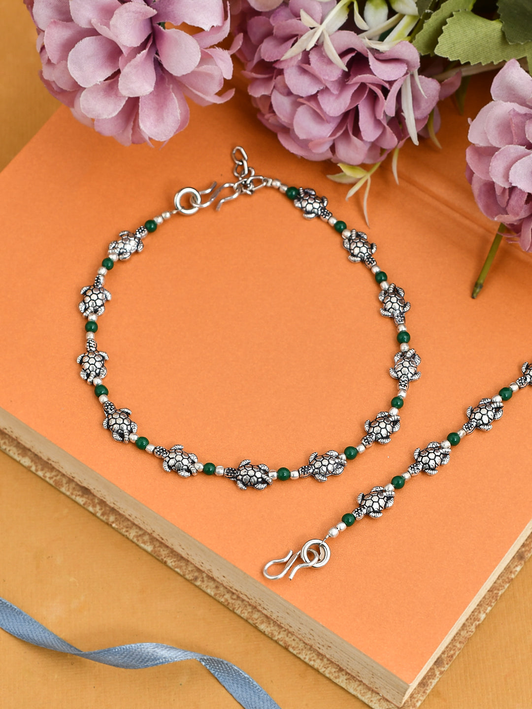 Oxidised Silver Green Beads Tortoise Boho Anklet