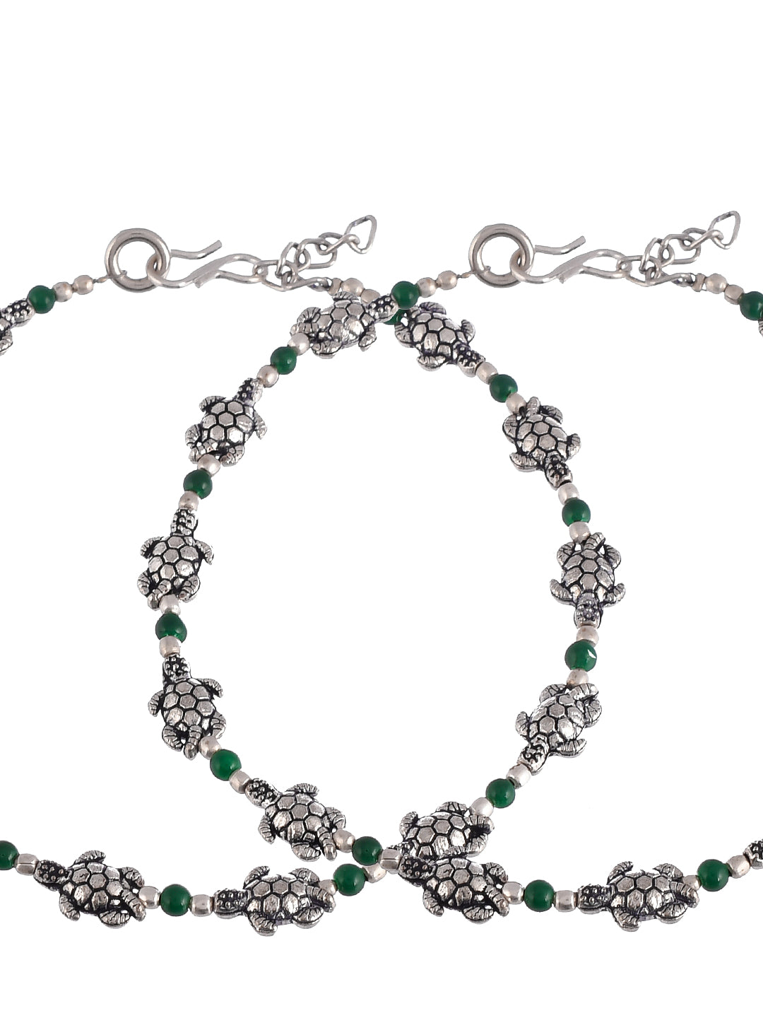 Oxidised Silver Green Beads Tortoise Boho Anklet