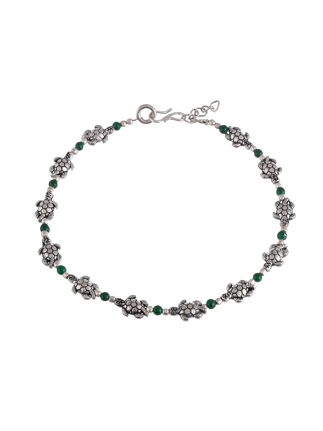 Oxidised Silver Green Beads Tortoise Boho Anklet