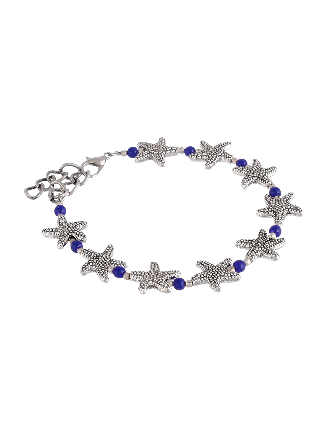 Blue Beads Silver Starfish Anklet