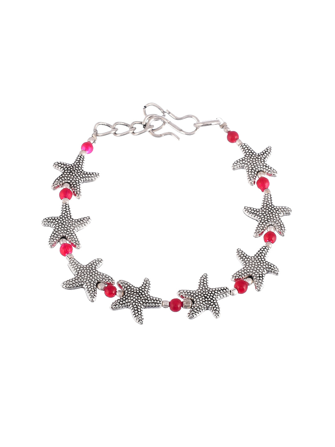 Boho Silver Starfish Red Bead Anklet