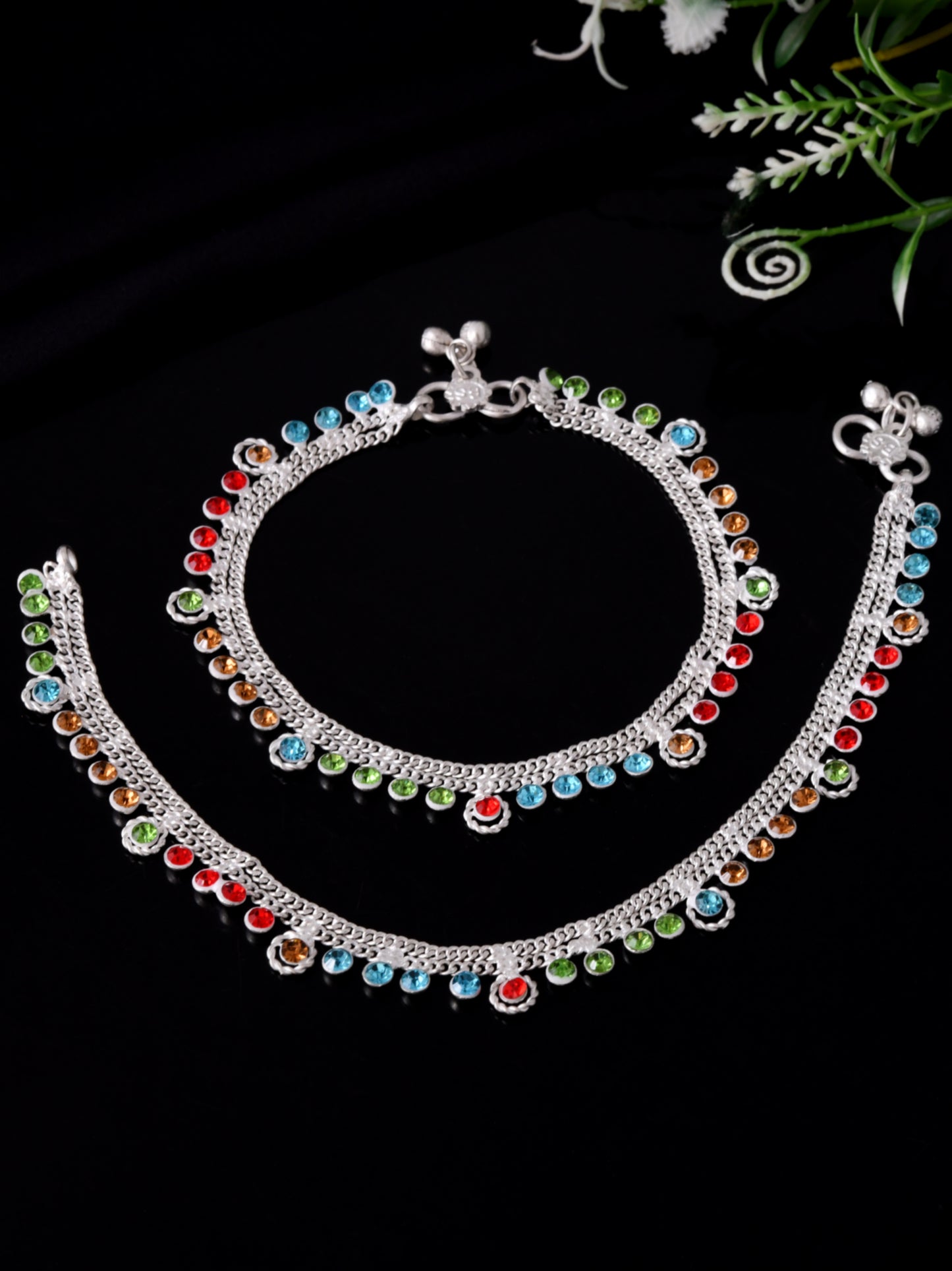 Silver-Toned Multicolor Crystal Anklet for Women | Adjustable Double Chain Payal
