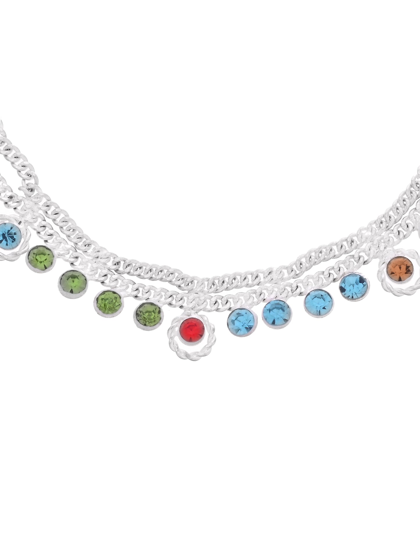 Silver-Toned Multicolor Crystal Anklet for Women | Adjustable Double Chain Payal