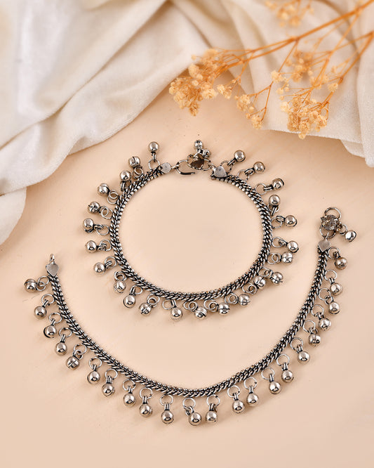 Oxidised Silver Plated Ghungroo Anklet for Women & Girls | Traditional Boho Payal Pair