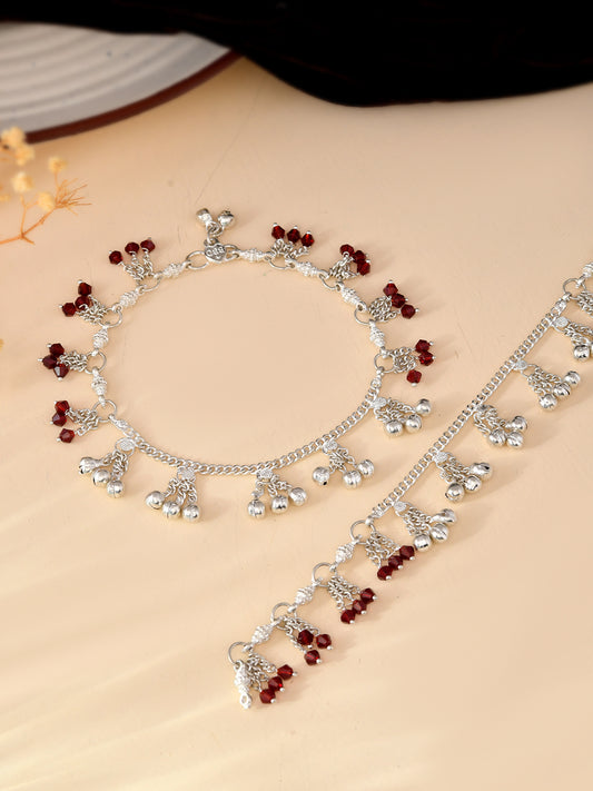 Ghungroo Anklet for Women & Girls with Maroon Crystal Charms | Adjustable Traditional Payal