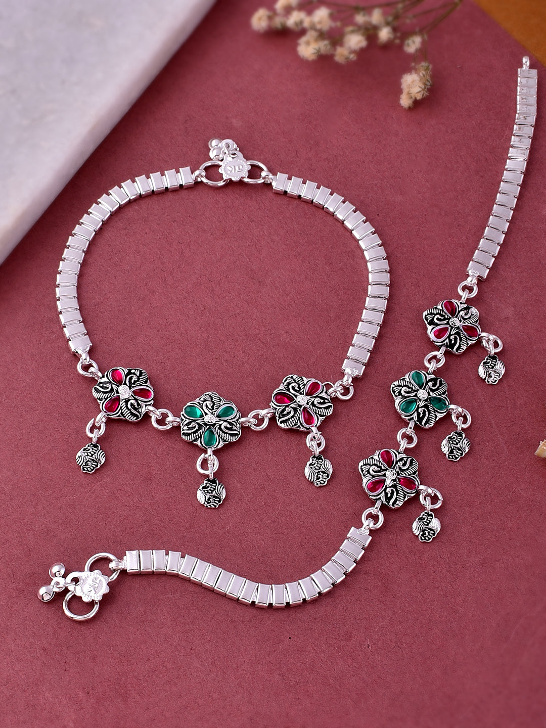 Silver-Plated Stone-Studded Anklets