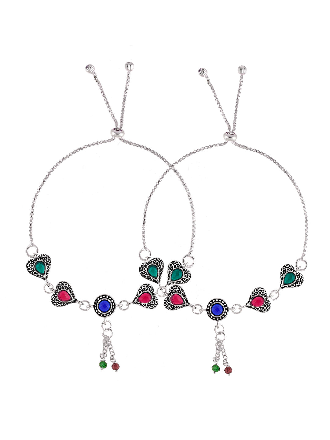 Silver-Plated Stone-Studded And Beaded Anklets