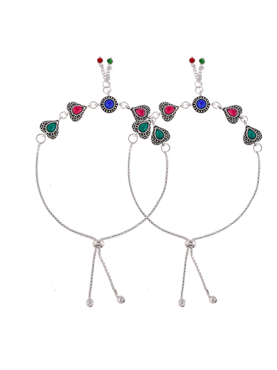 Silver-Plated Stone-Studded And Beaded Anklets