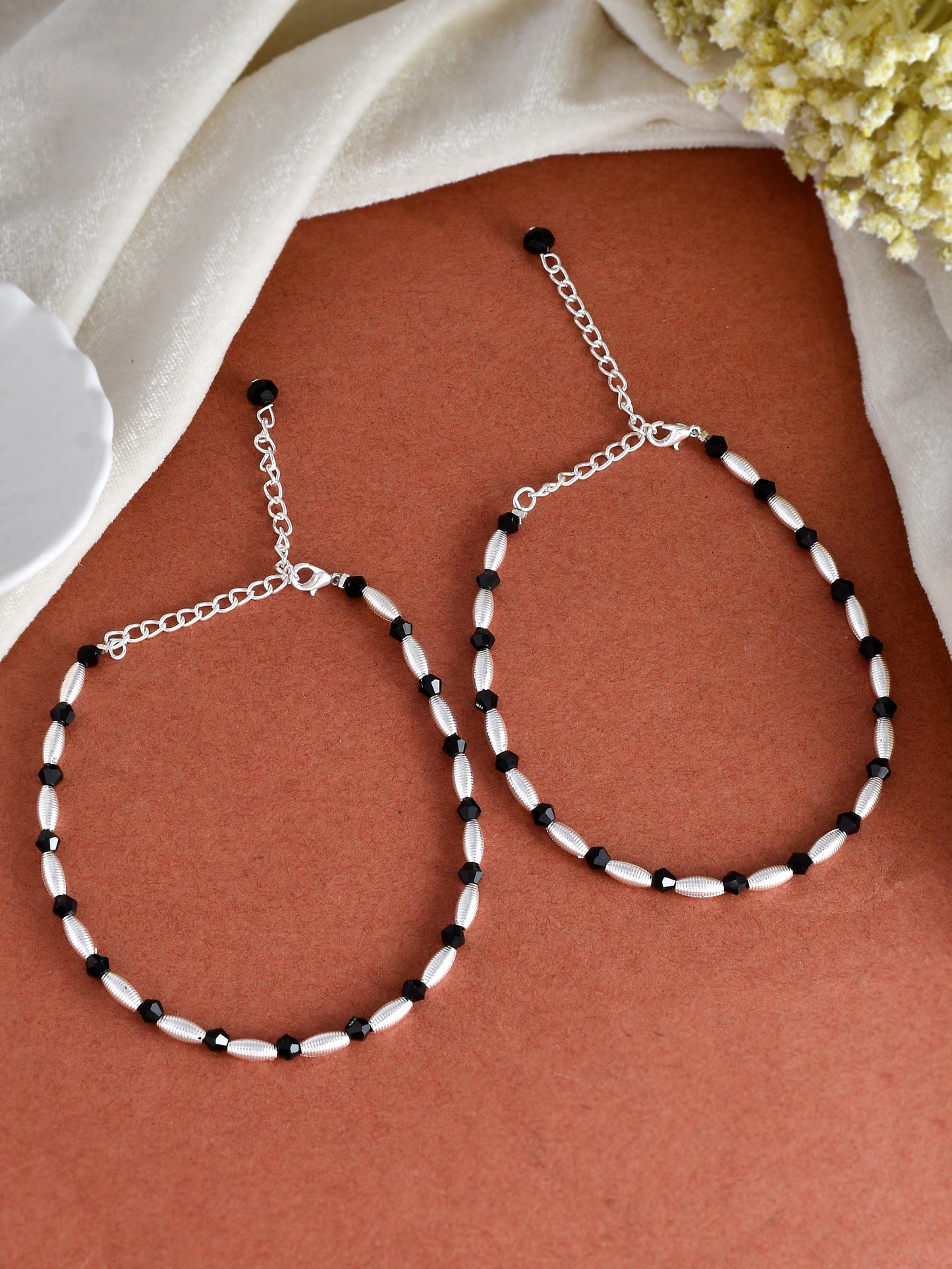 Silver Plated Black Beads Designer Anklet