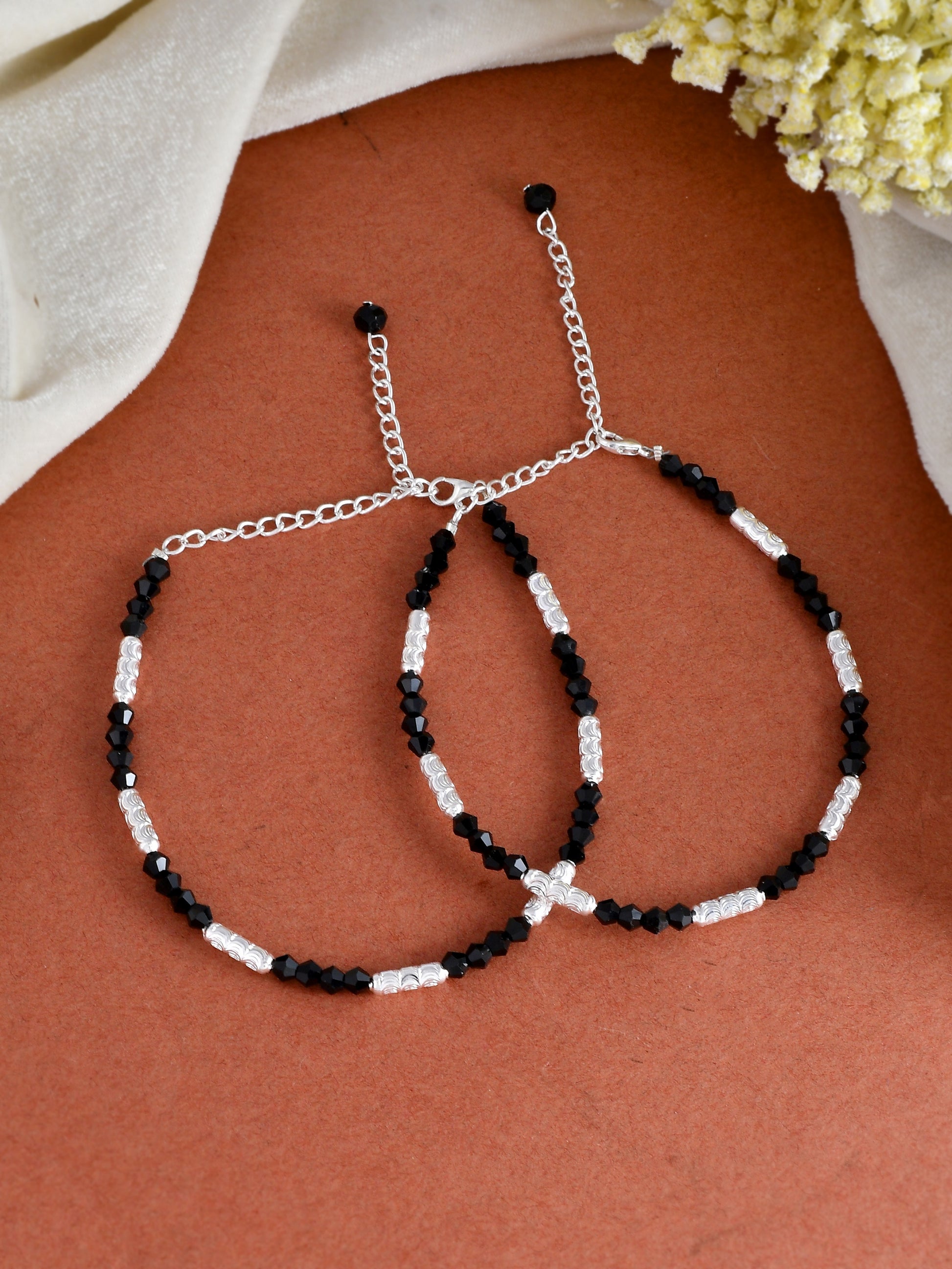 Silver Plated Black Beads Anklet