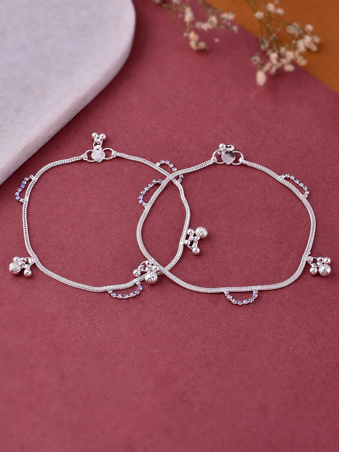 Silver Anklets with Floral Charms