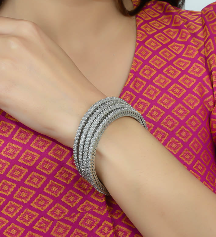 Silver Plated Handcrafted American Diamond Bangles For Women