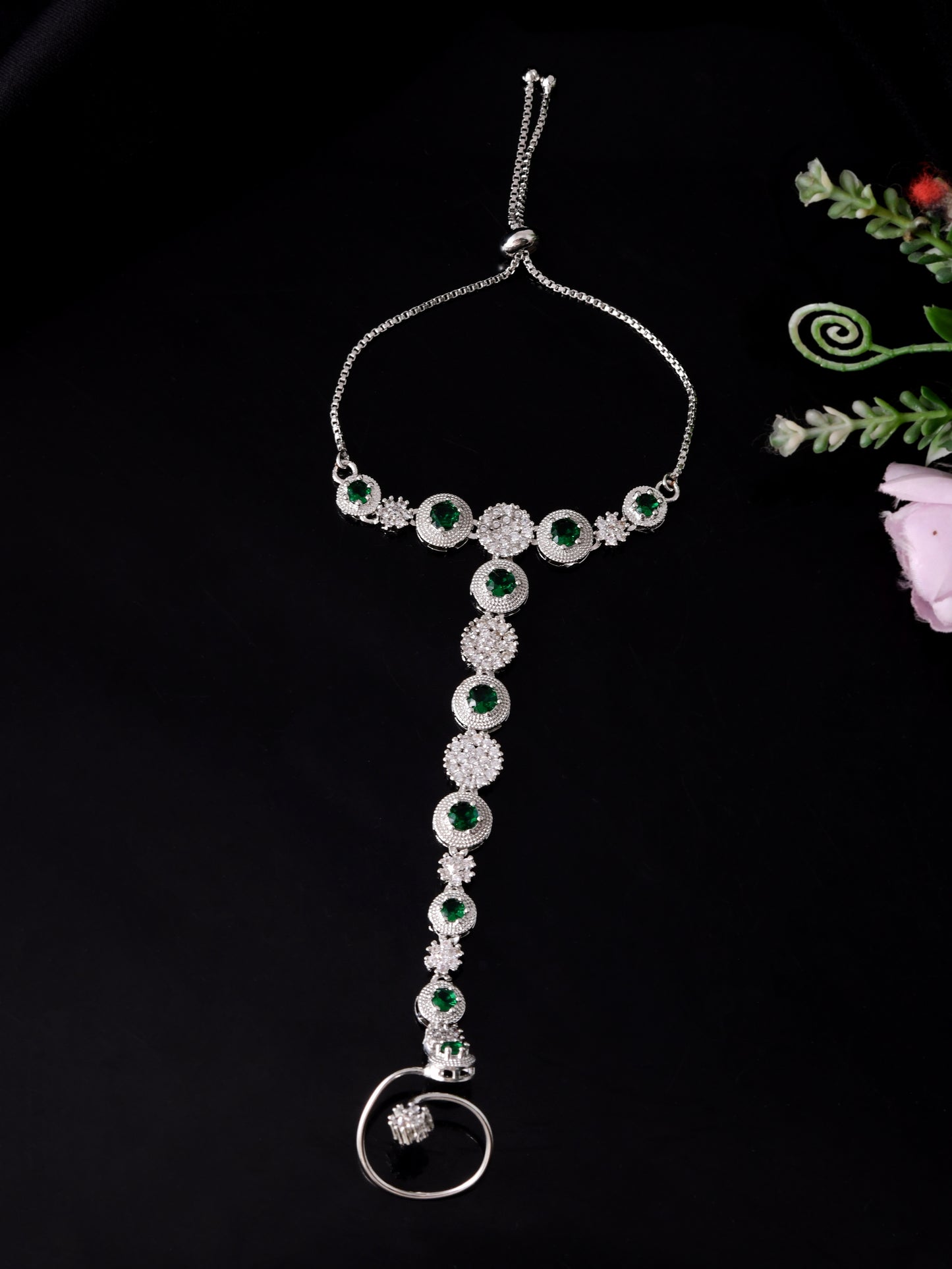 Green Stone Hathphool Bracelet for Women | Adjustable Hand Chain Bracelet Ring