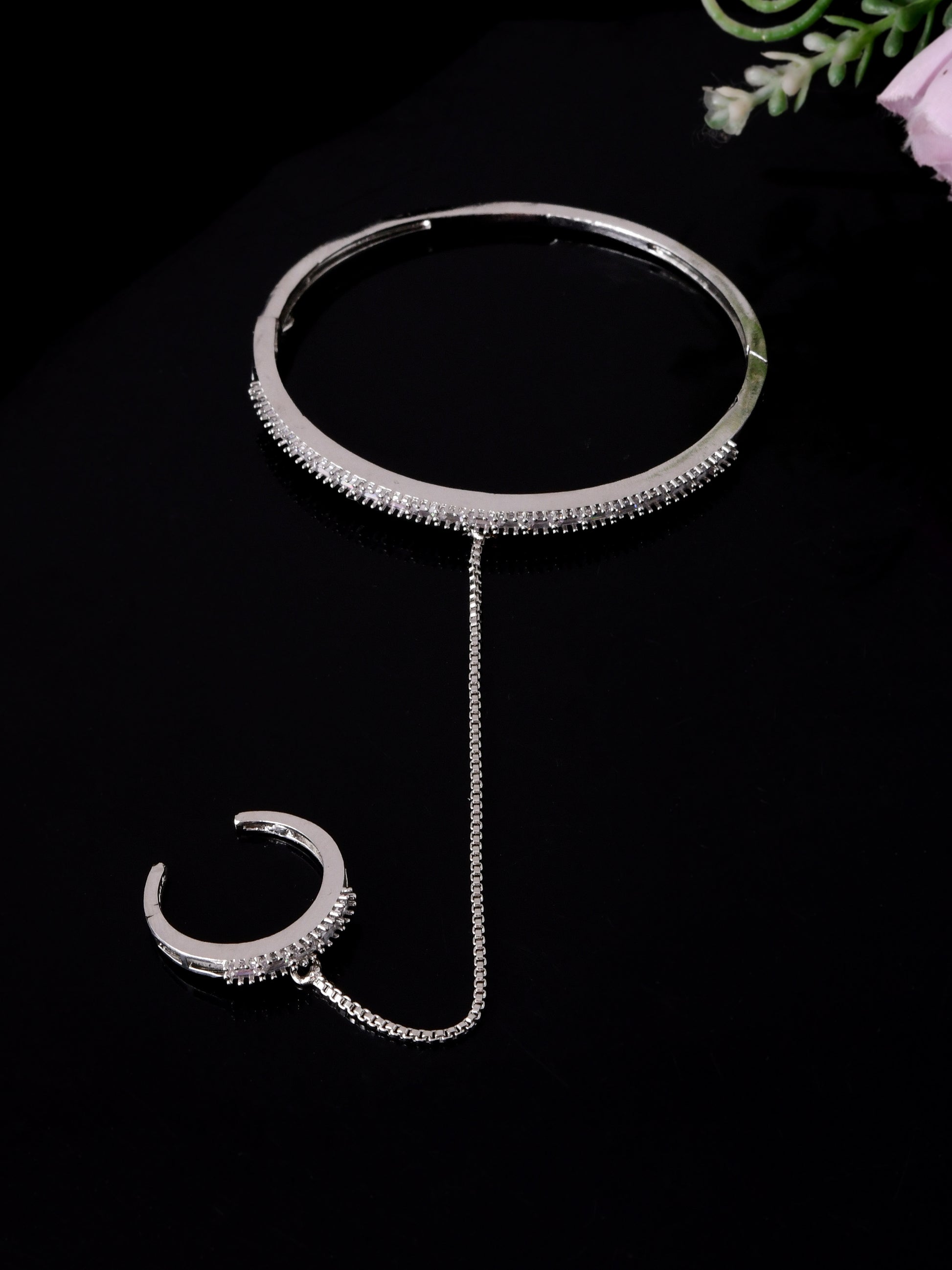 Silver Plated Hand Bracelet for Women | American Diamond Haathphool Bracelet Ring Chain