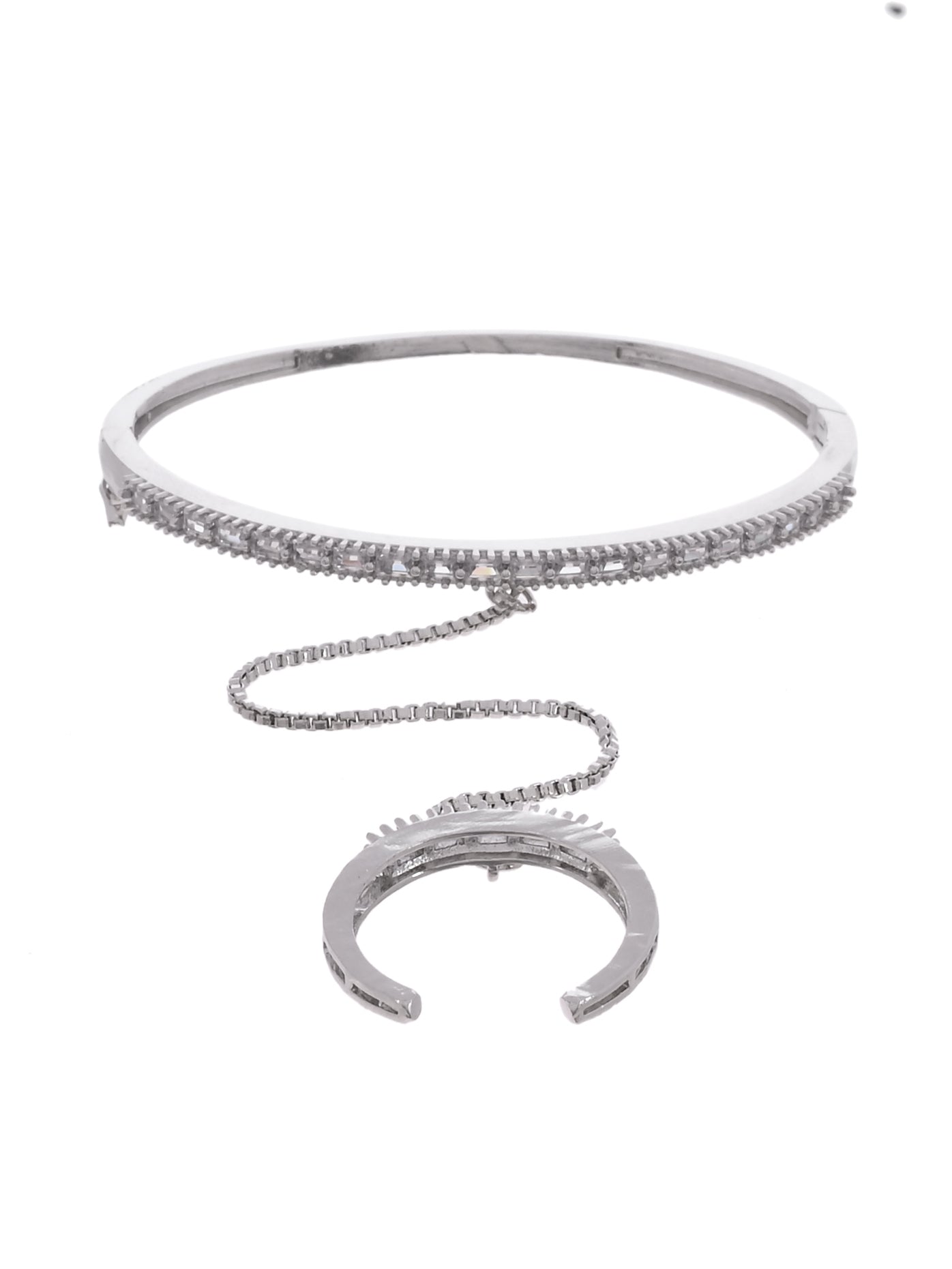 Silver Plated Hand Bracelet for Women | American Diamond Haathphool Bracelet Ring Chain