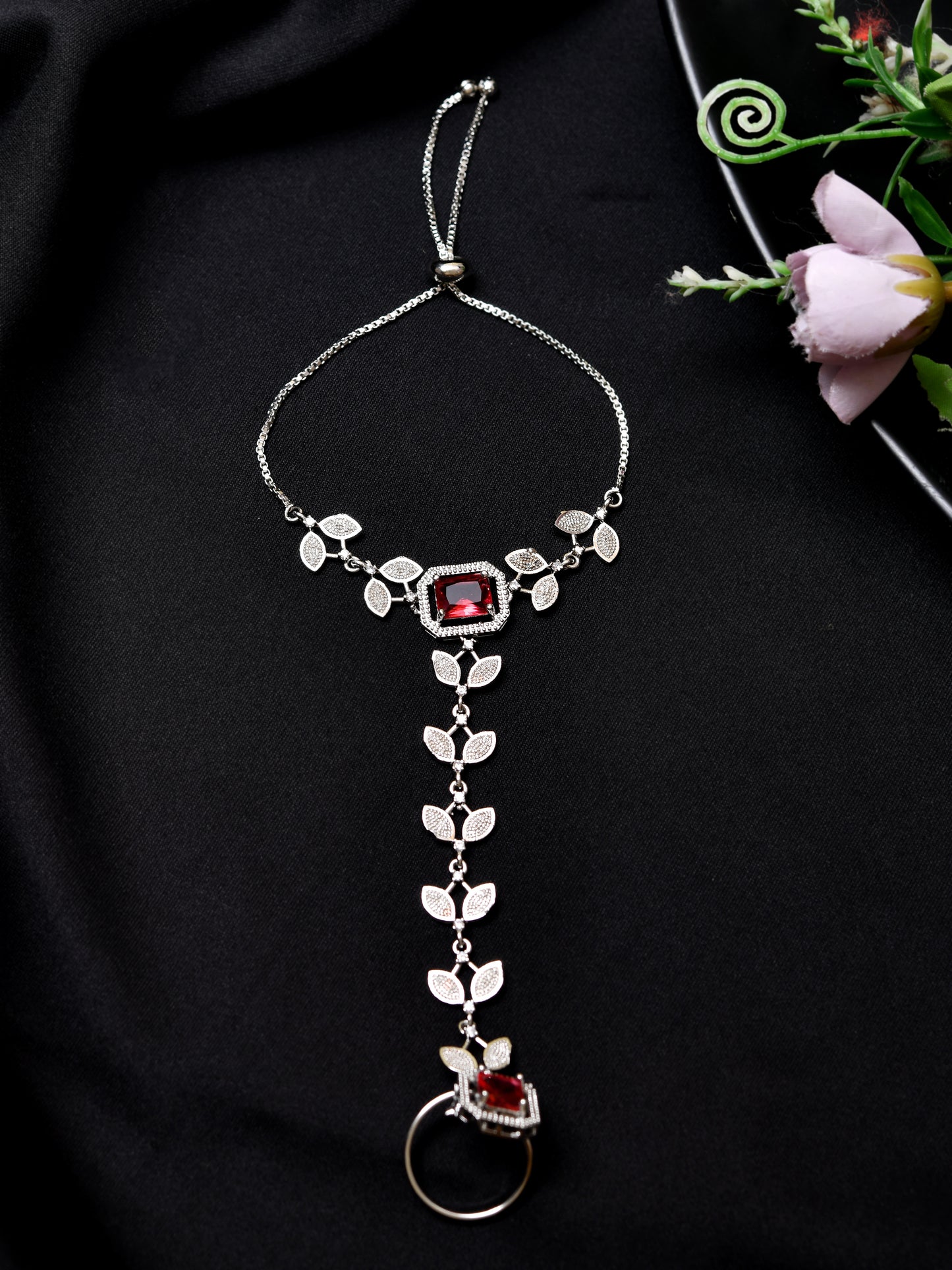 Red Stone Hathphool Bracelet for Women | Adjustable Hand Harness Bracelet