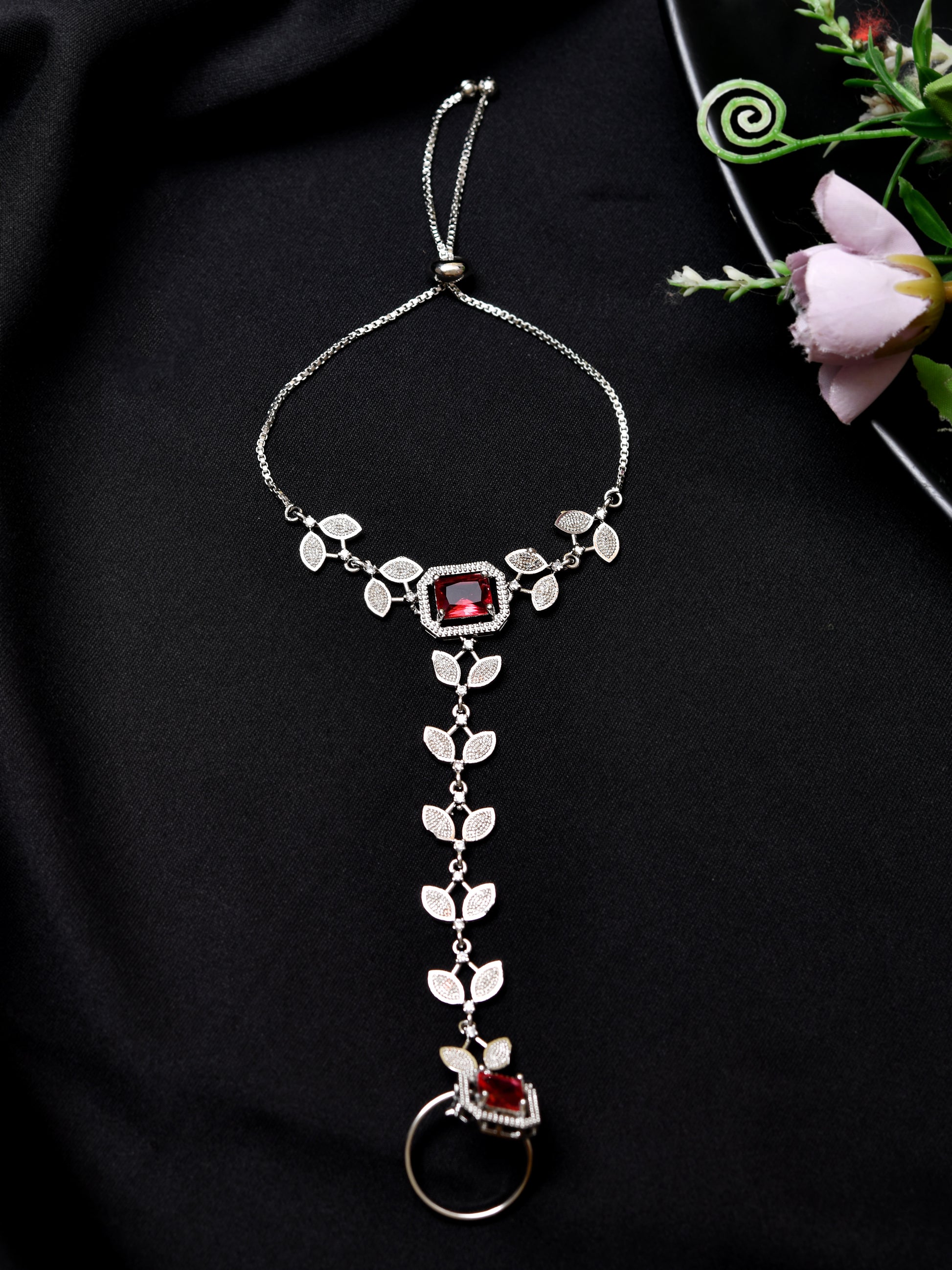 Red Stone Hathphool Bracelet for Women | Adjustable Hand Harness Bracelet