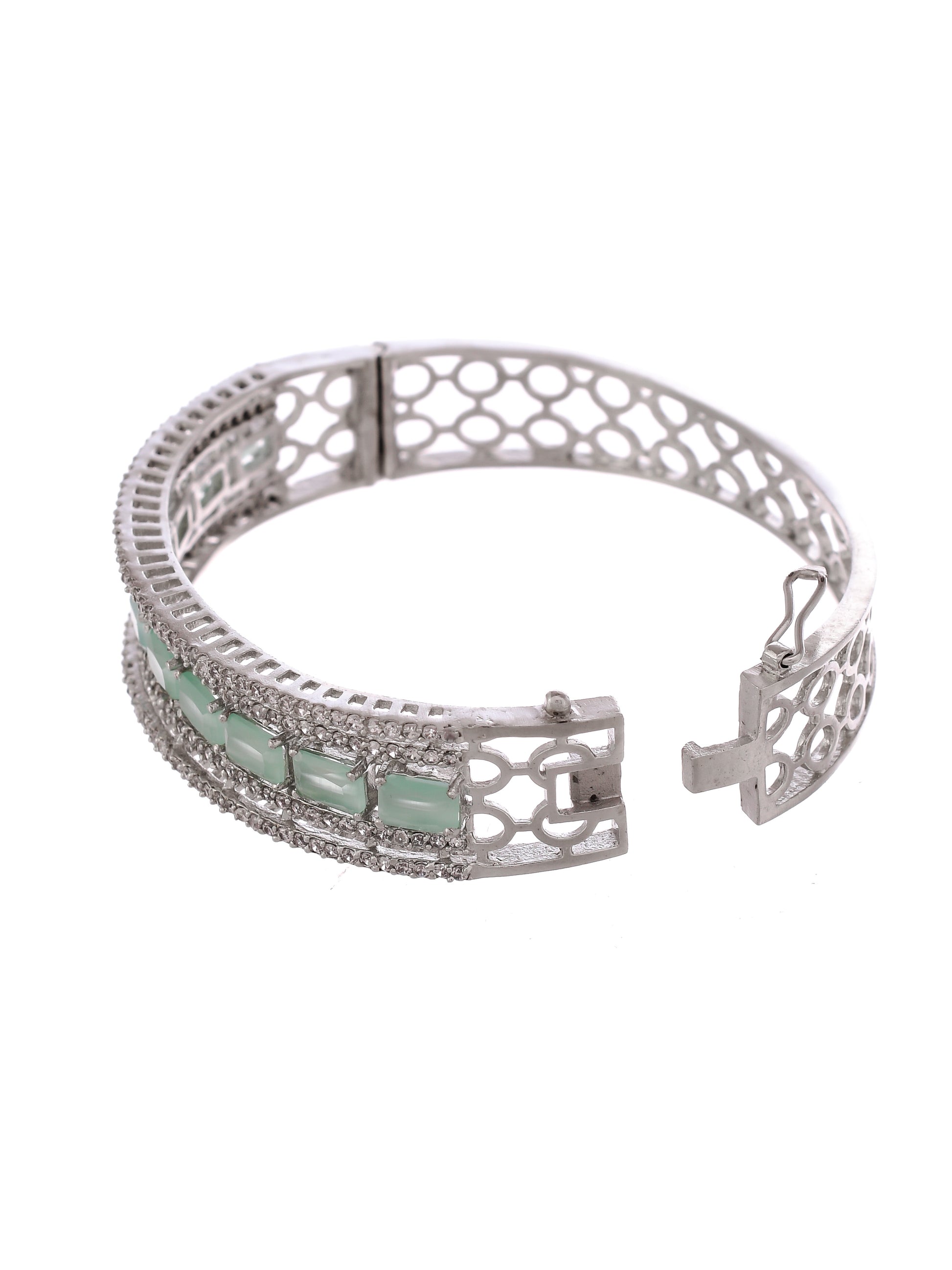Women Silver Plated AD Sea Green Stone Studded Bangle Srtyle Bracelet