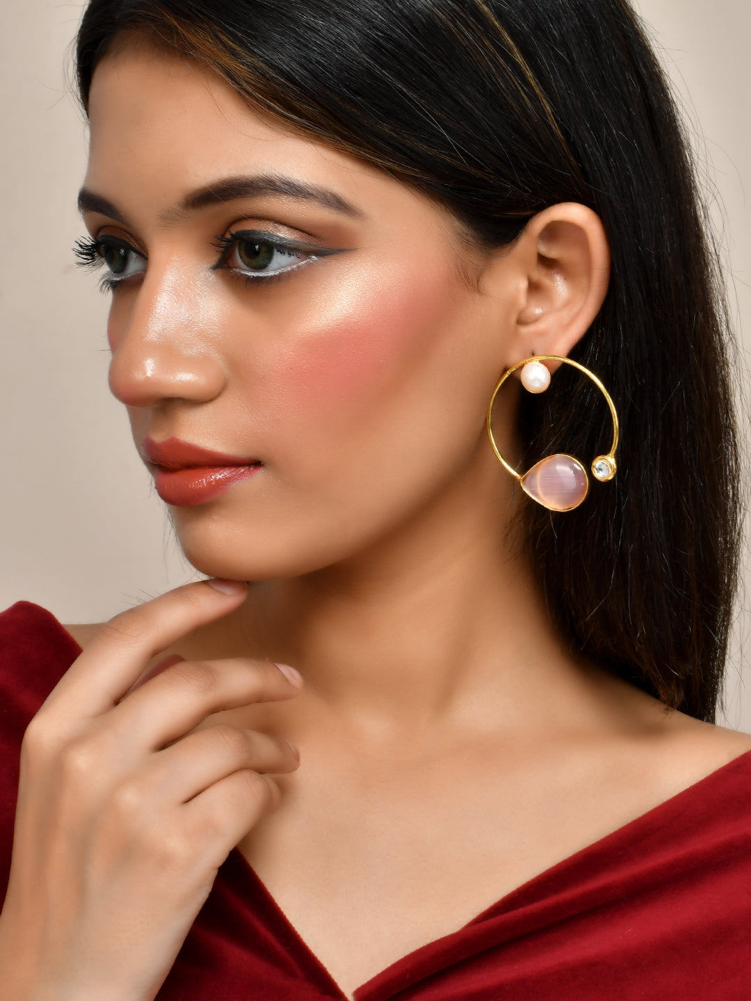 Pink Rose Quartz Stone Hoop Earrings