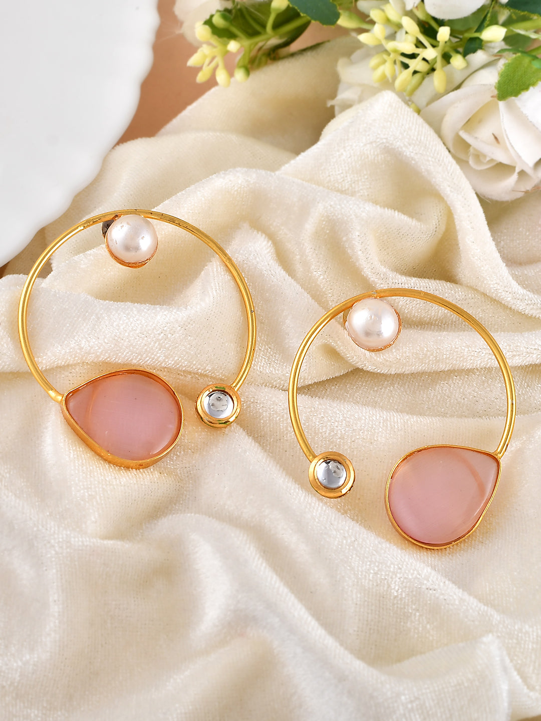 Pink Rose Quartz Stone Hoop Earrings for Women