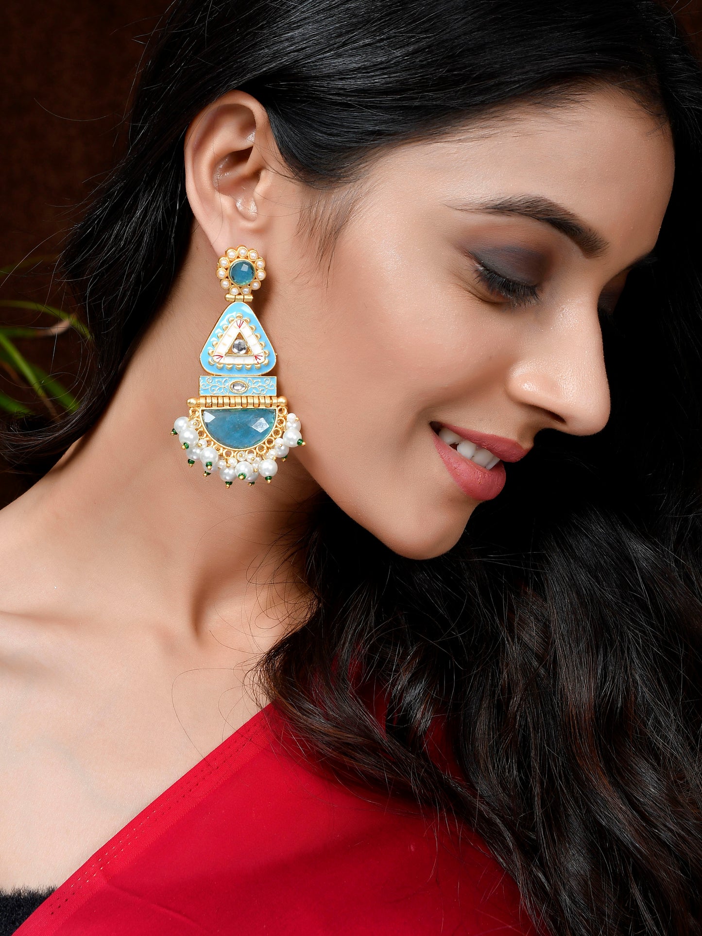 Gold Plated & Blue Toned Meenakari Drop Earrings