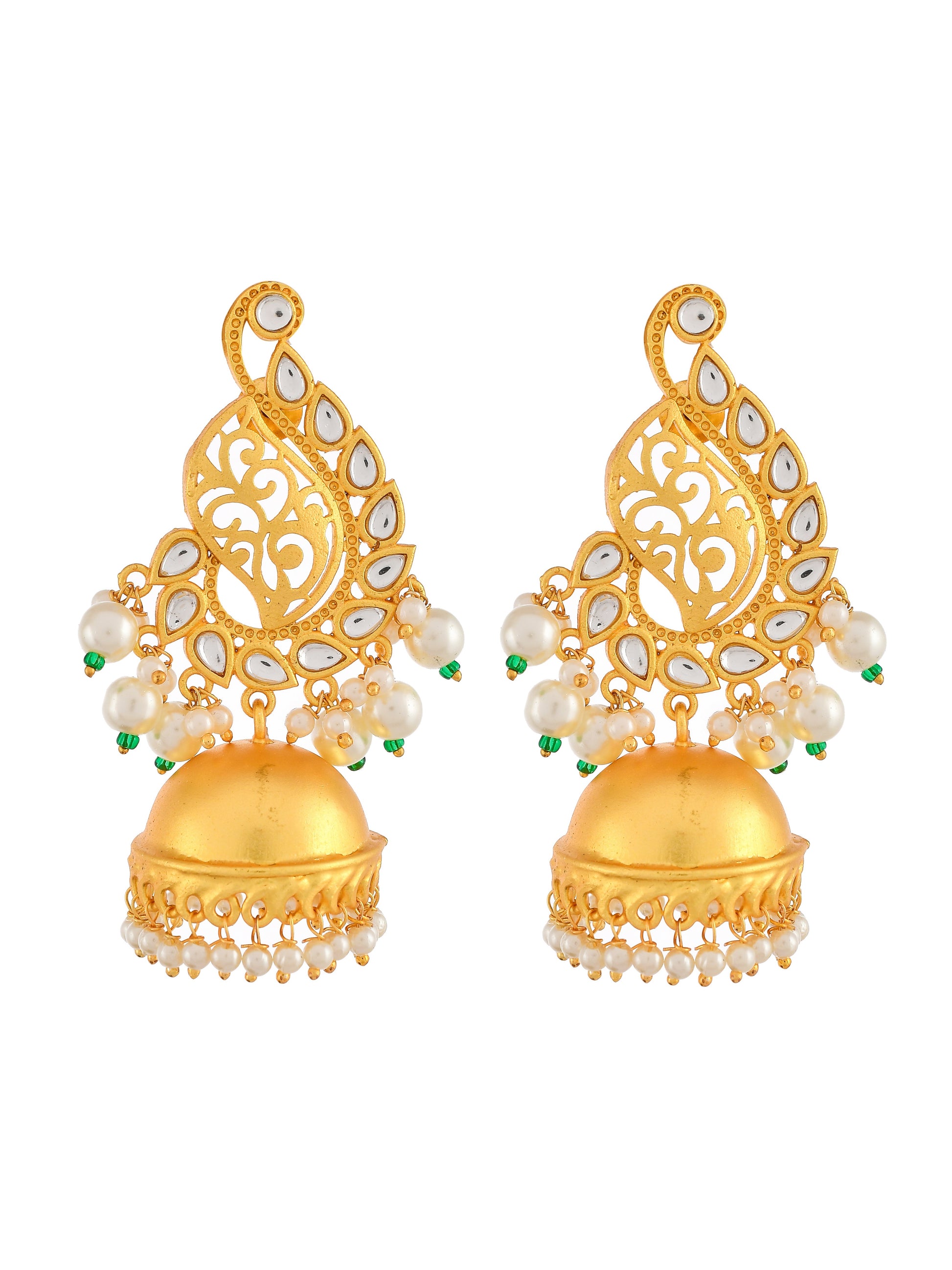 Gold Plated Kundan & Pearl Studded Floral Jhumka Earrings