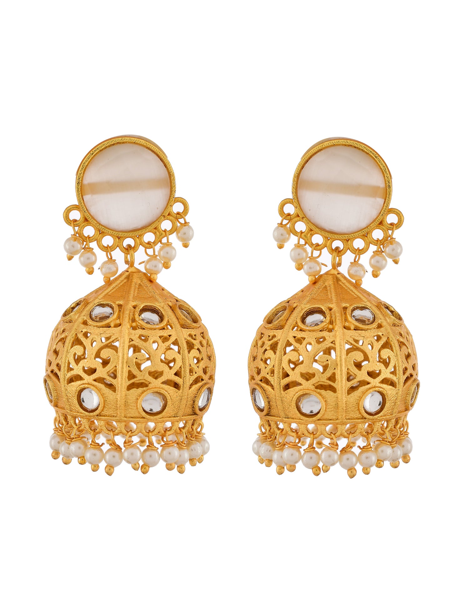 Gold Plated & White Stone Dome Shaped Designer Jhumka Earrings