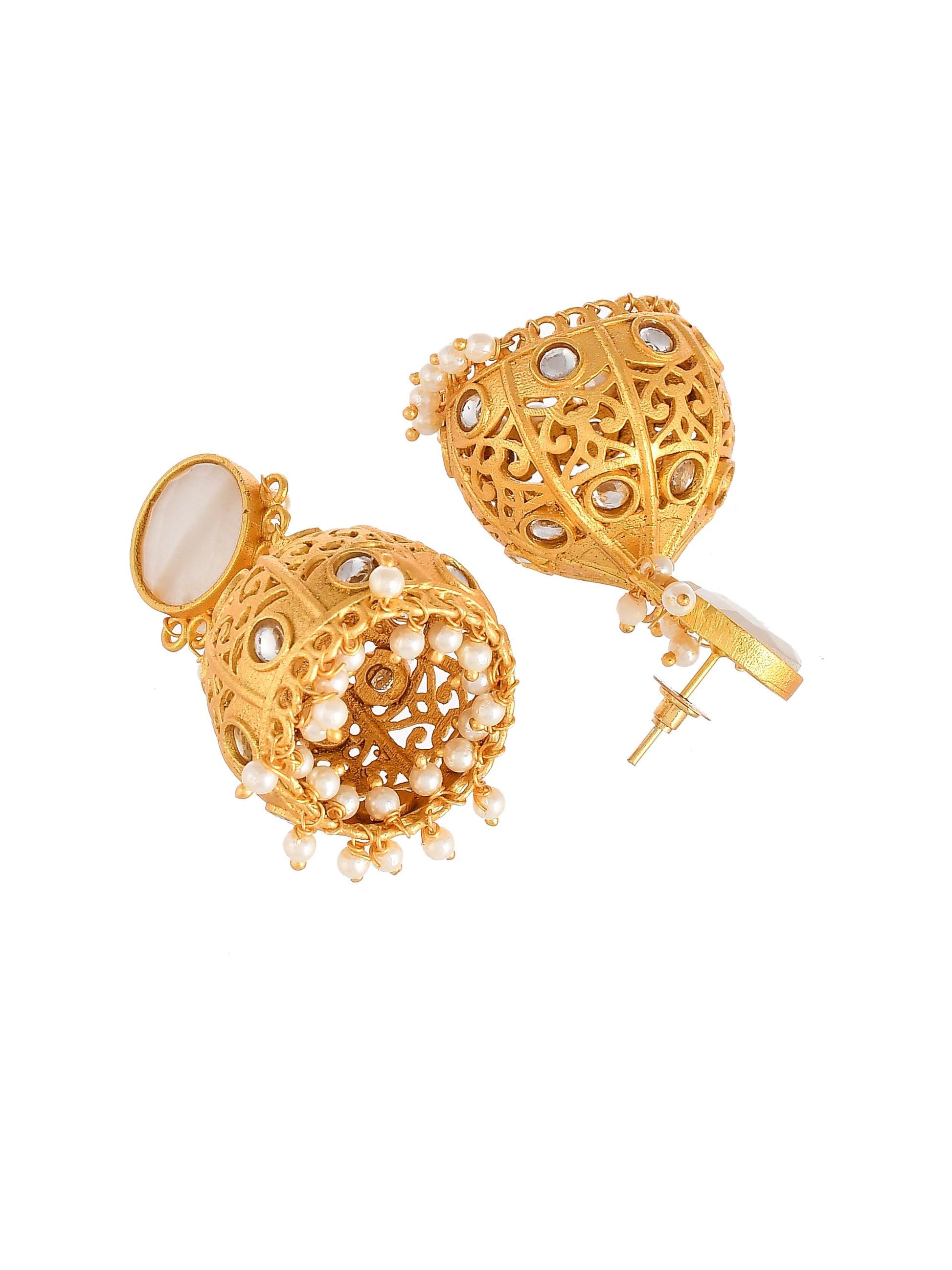 Gold Plated & White Stone Dome Shaped Designer Jhumka Earrings