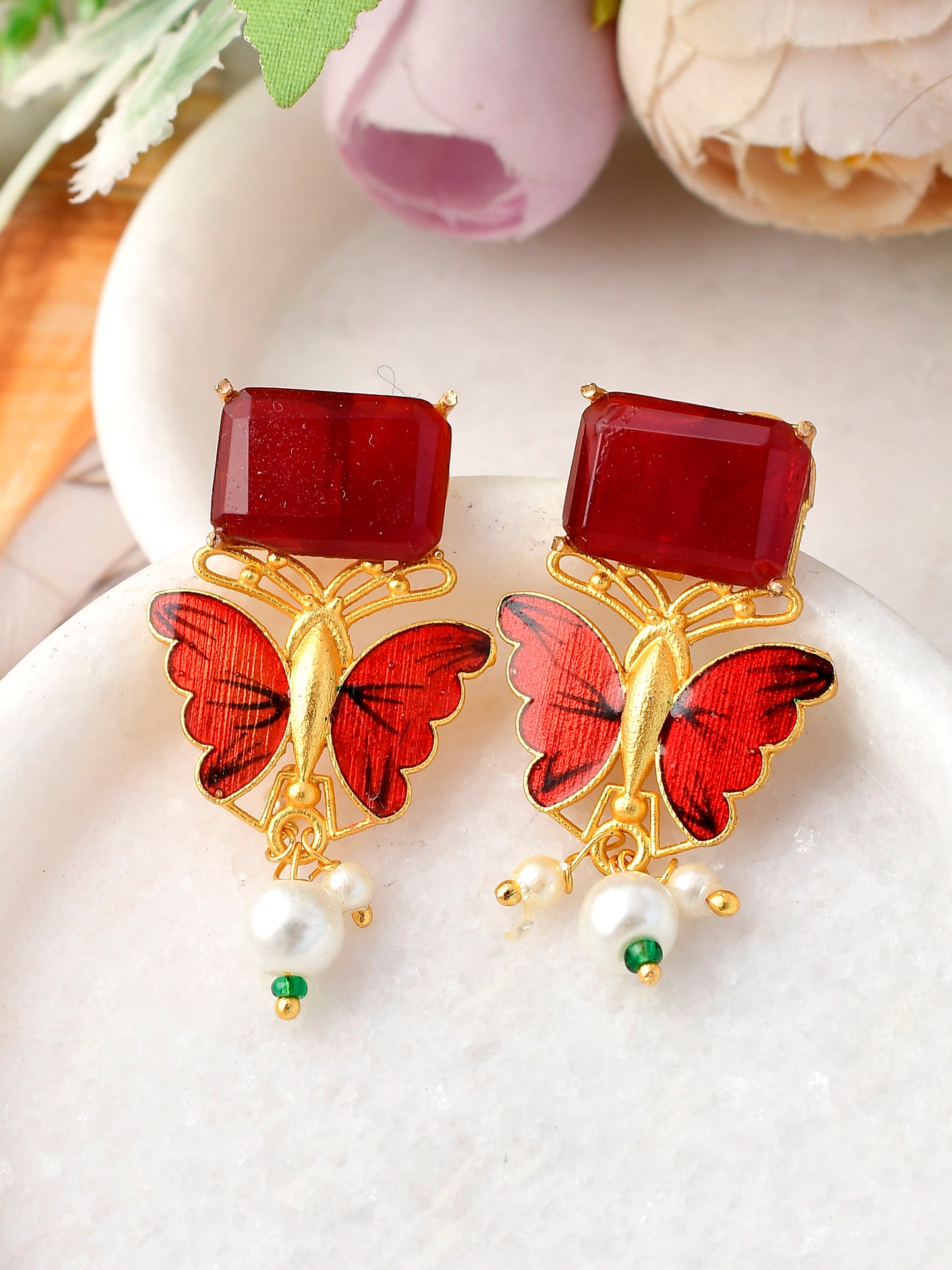 Gold Plated & Red Stone Studded Pearl Beads Butterfly Design Drop Earrings