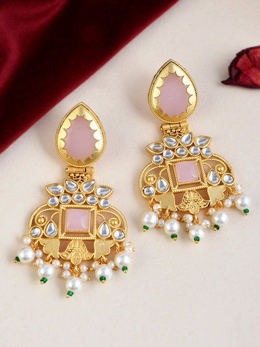 Gold Toned Pink Beaded Kundan Studded Ethnic Earrings