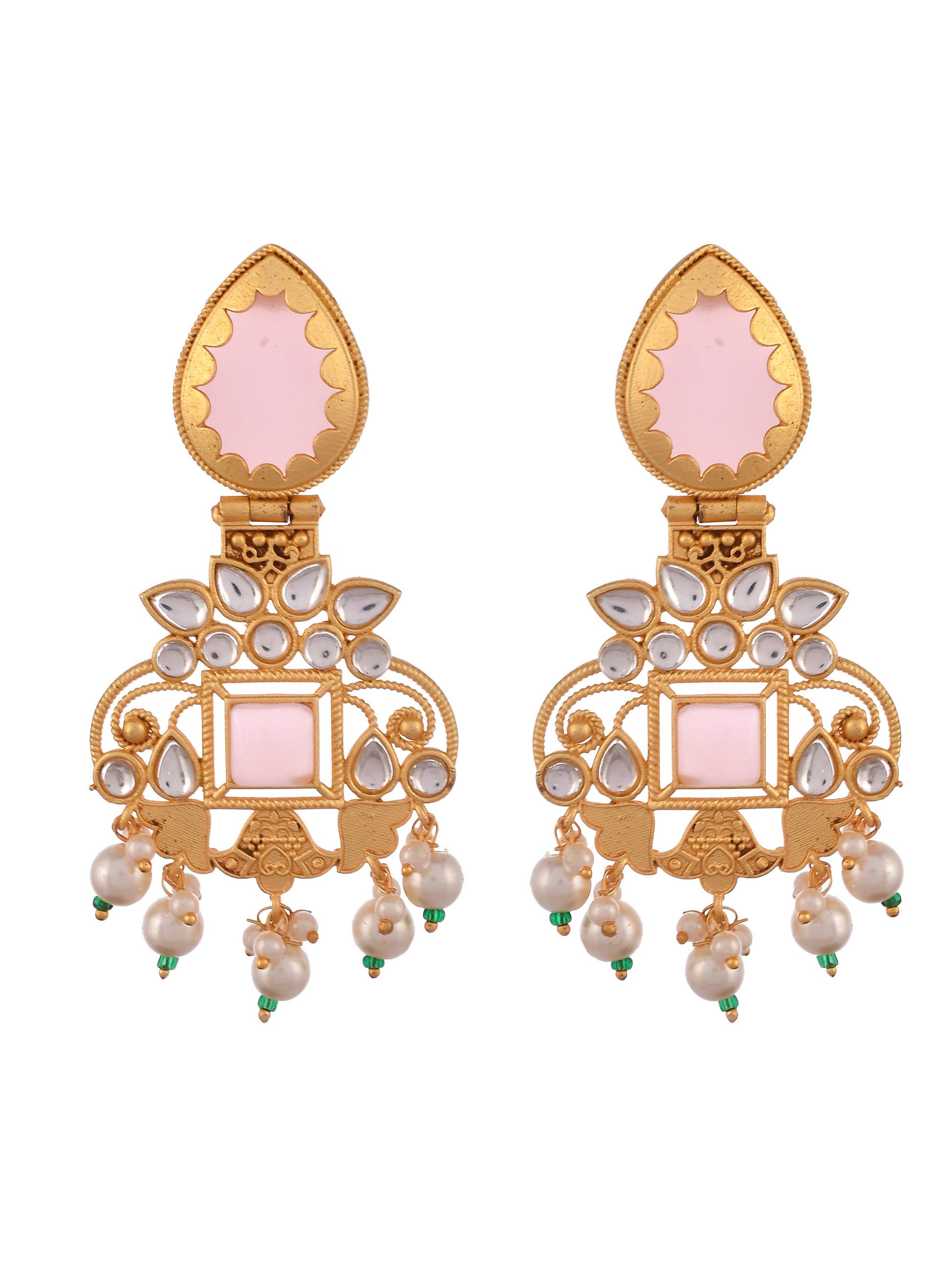 Gold Toned Pink Beaded Kundan Studded Ethnic Earrings