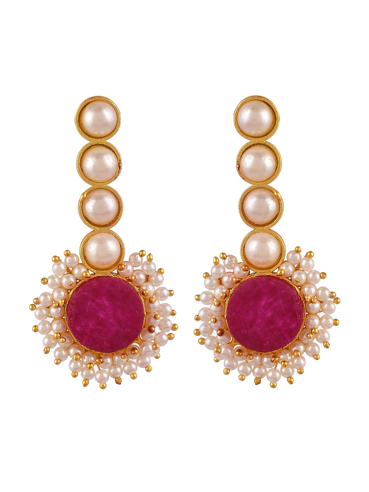 Gold Plated Red Stone Studded Pearl Beaded Drop Earrings