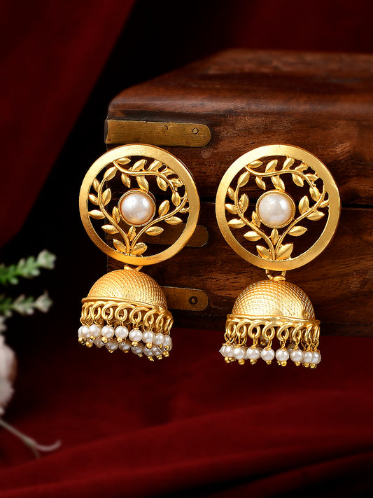Gold Plated Pearl Beaded Floral Drop Jhumka Earrings