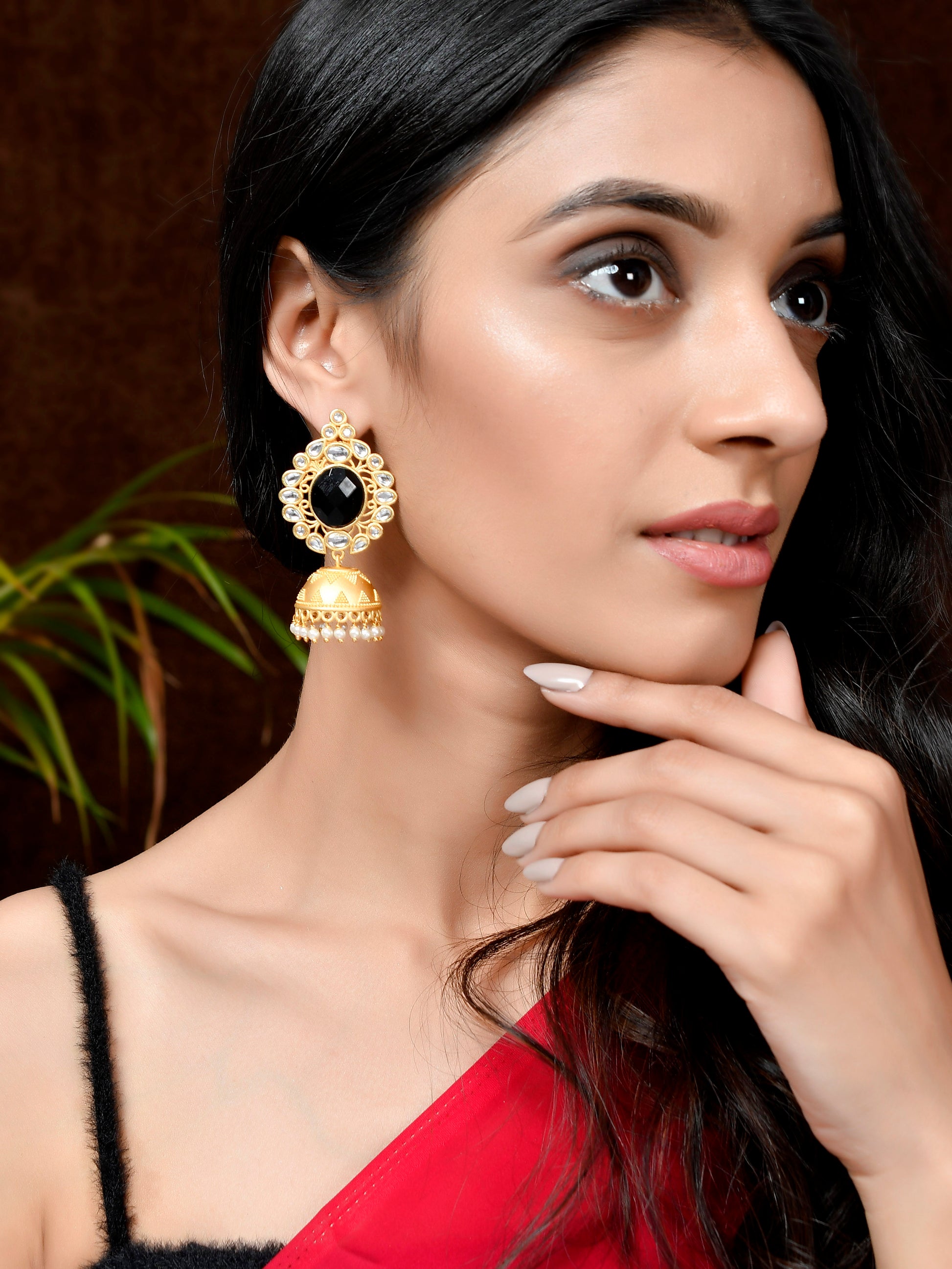 Gold Plated & Black Stone Studded Handcrafted Pearl Jhumkas