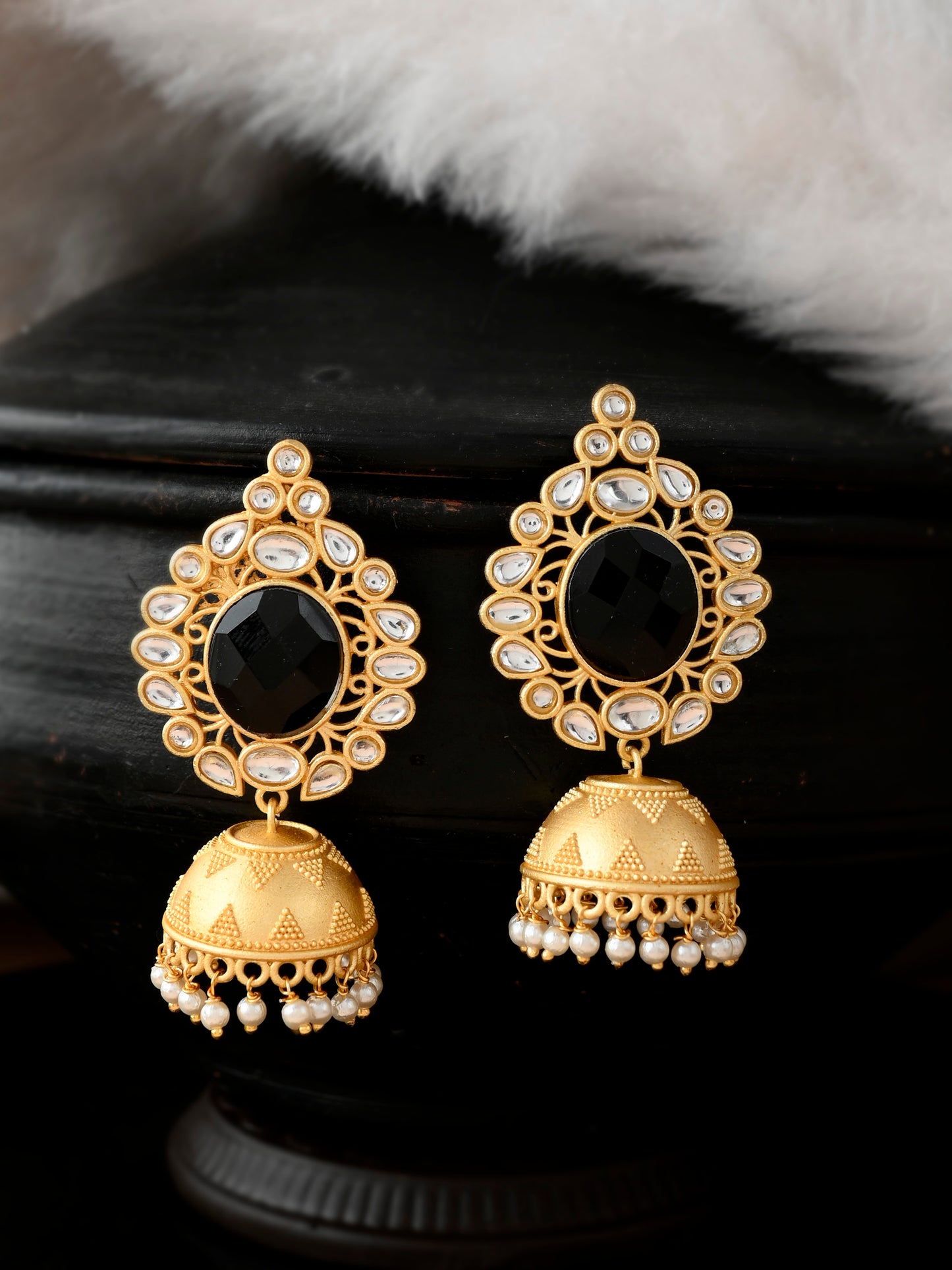 Gold Plated & Black Stone Studded Handcrafted Pearl Jhumkas