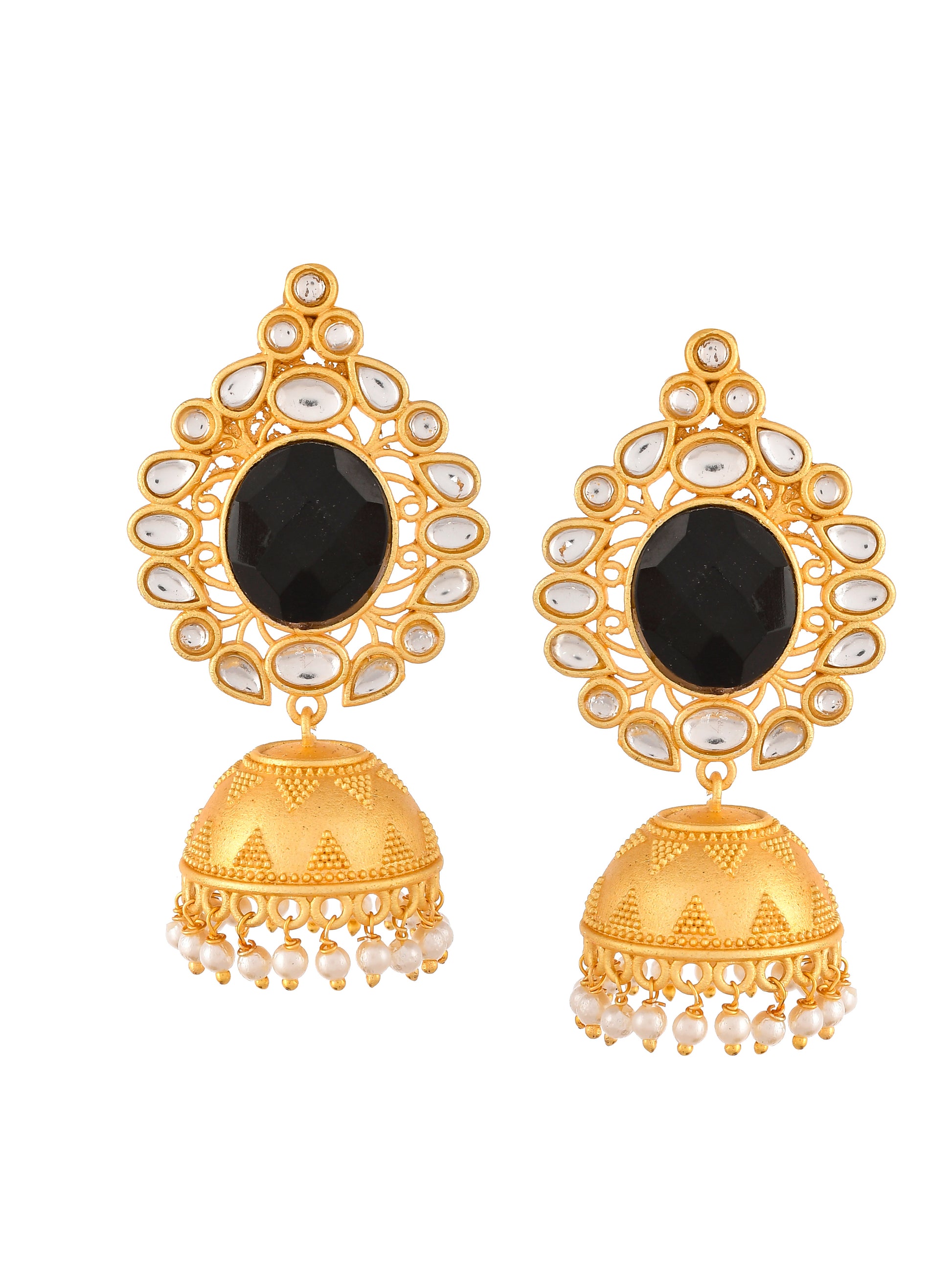 Gold Plated & Black Stone Studded Handcrafted Pearl Jhumkas