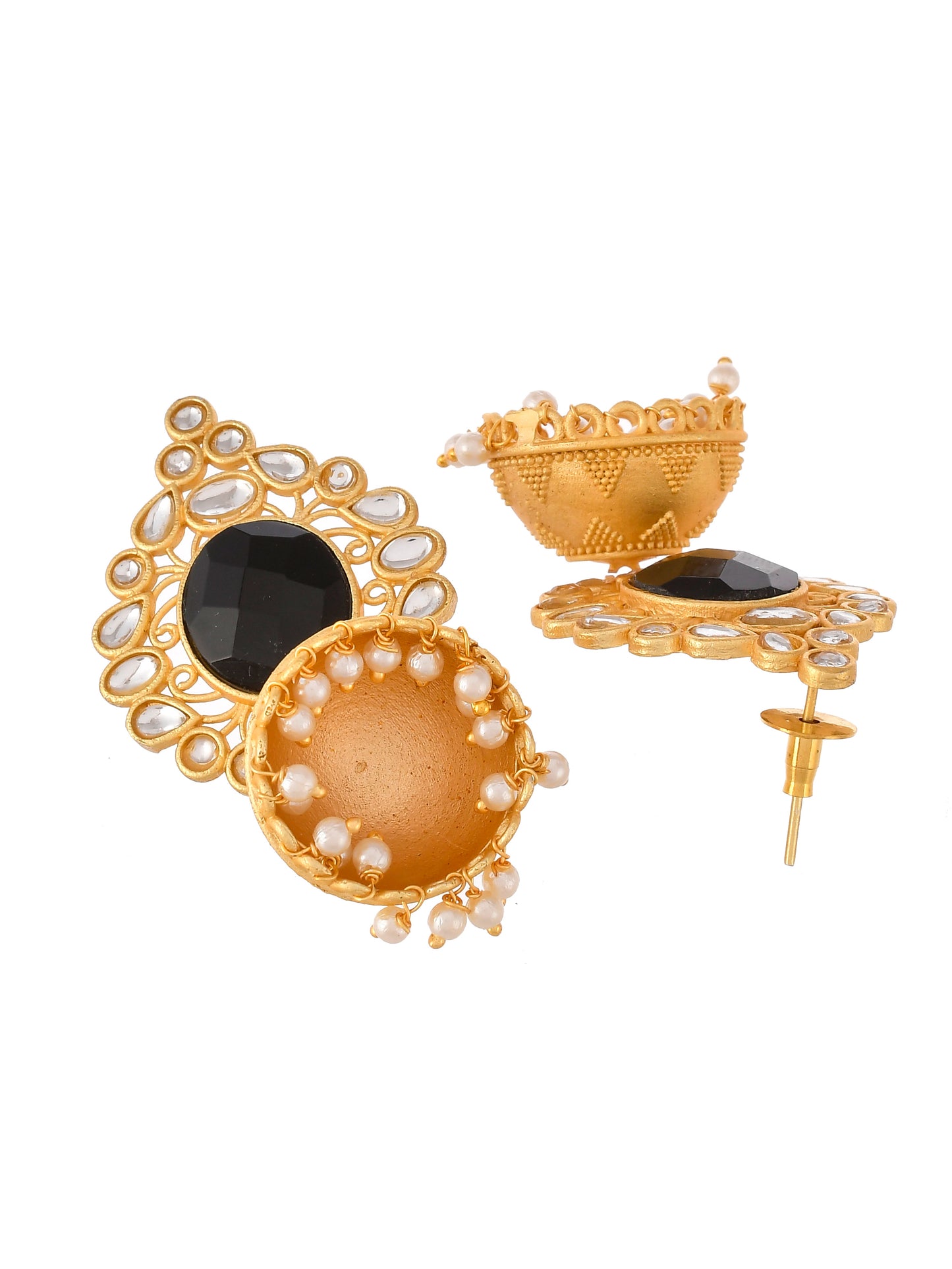 Gold Plated & Black Stone Studded Handcrafted Pearl Jhumkas