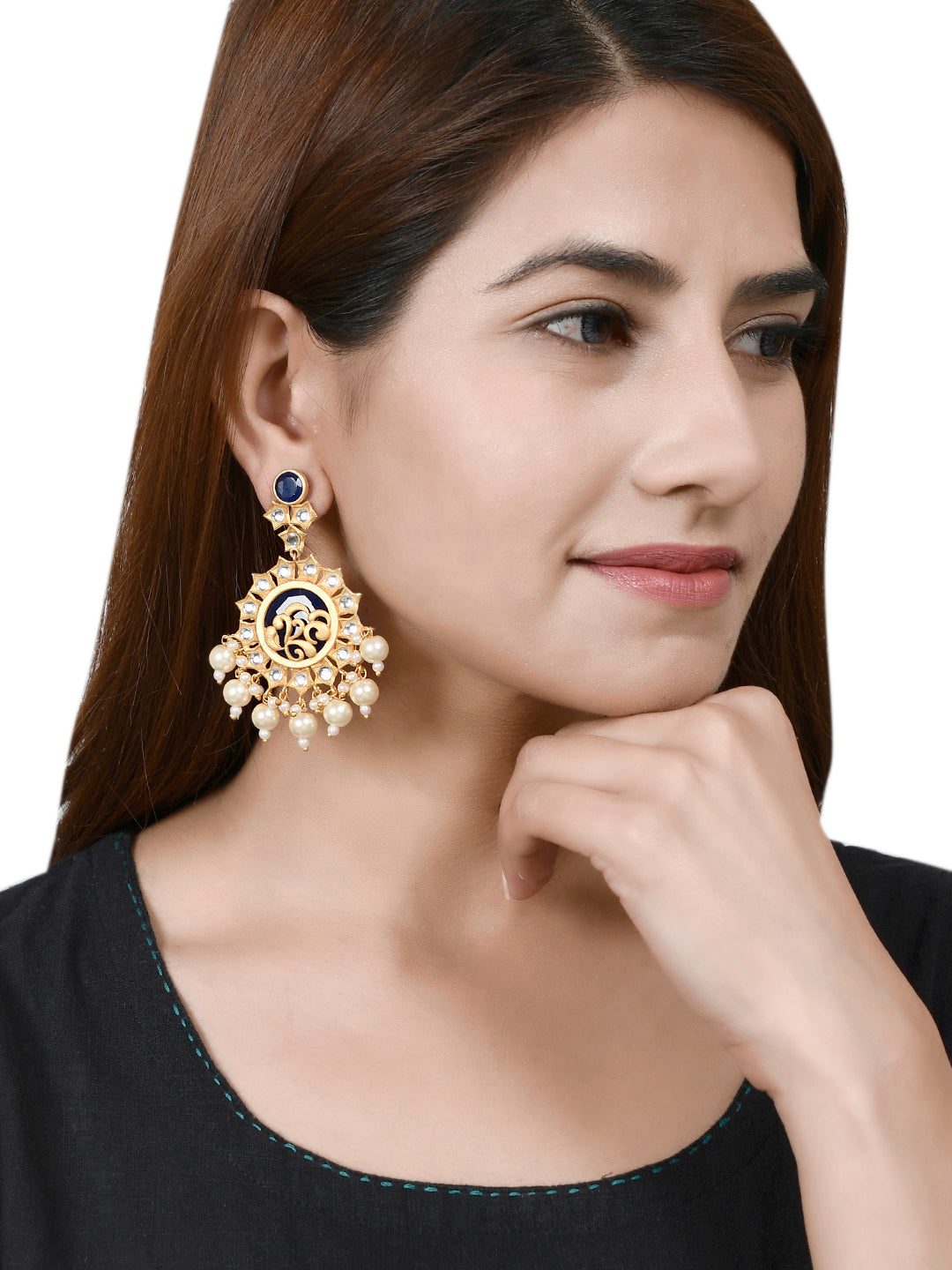 Traditional Blue Gold Filigree Kundan & Pearl Drop Earrings