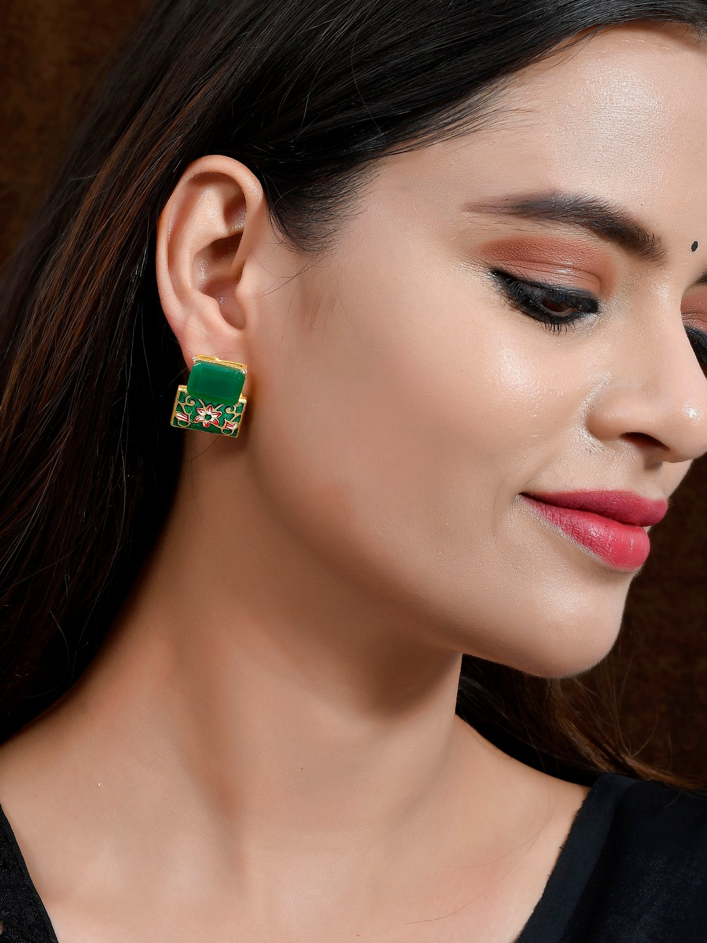 Gold Plated & Green Stone Studded Square Shape Meenakari Stud Earrings