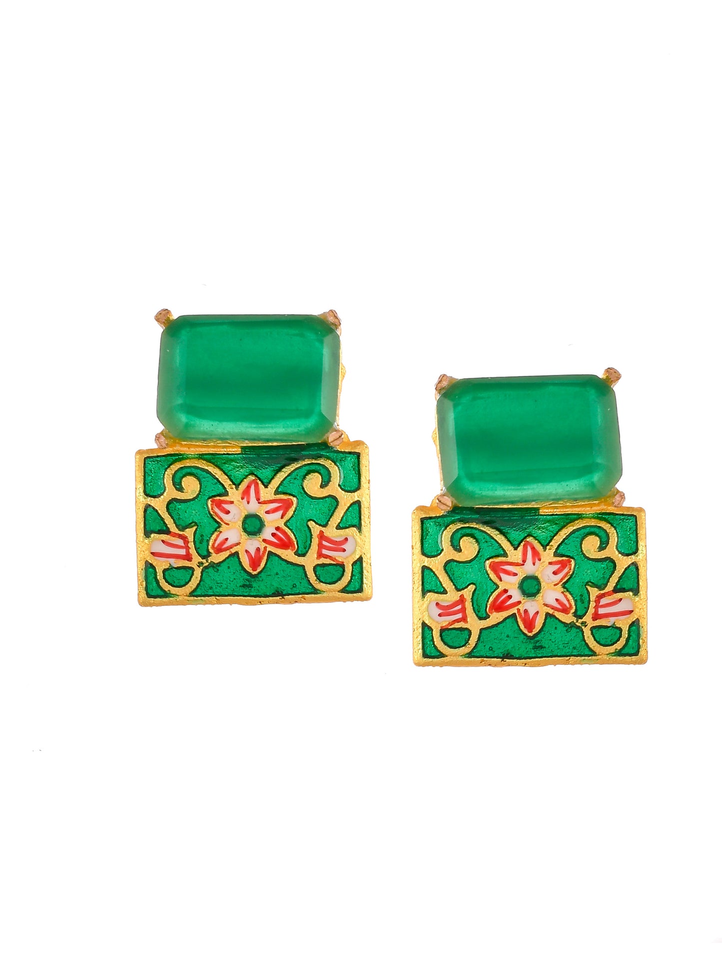 Gold Plated & Green Stone Studded Square Shape Meenakari Stud Earrings