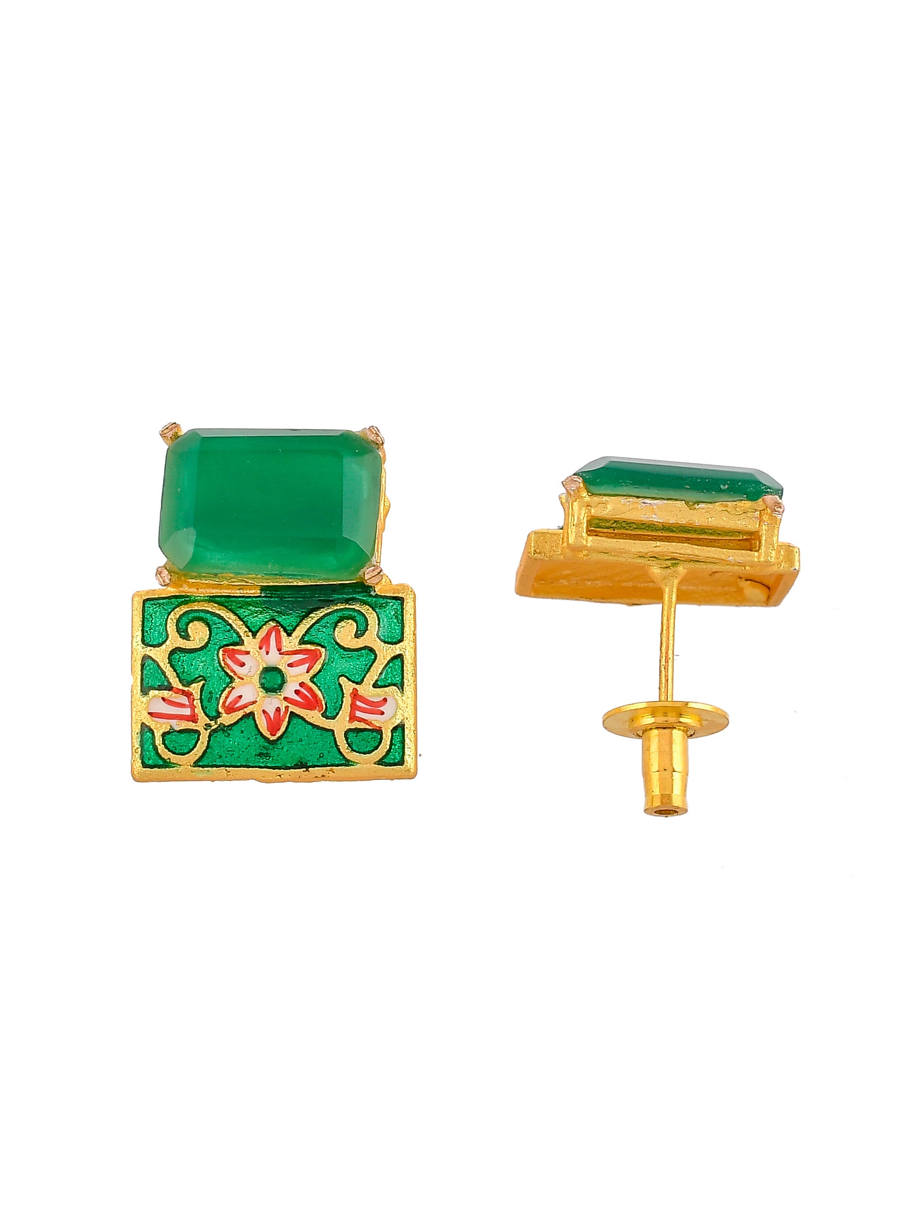 Gold Plated & Green Stone Studded Square Shape Meenakari Stud Earrings