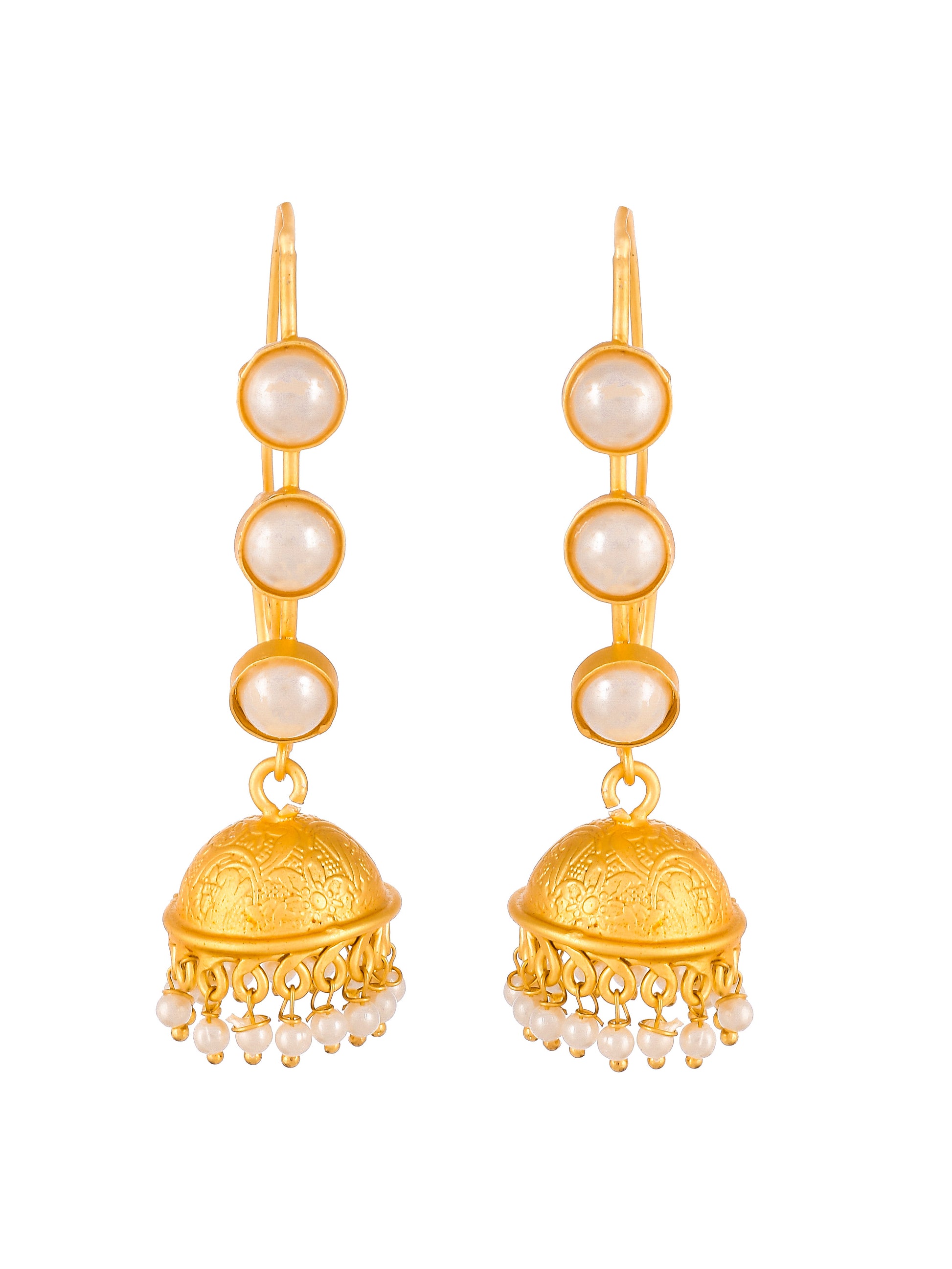 Gold Toned Pearl Beaded Long Dangle Jhumka Earrings