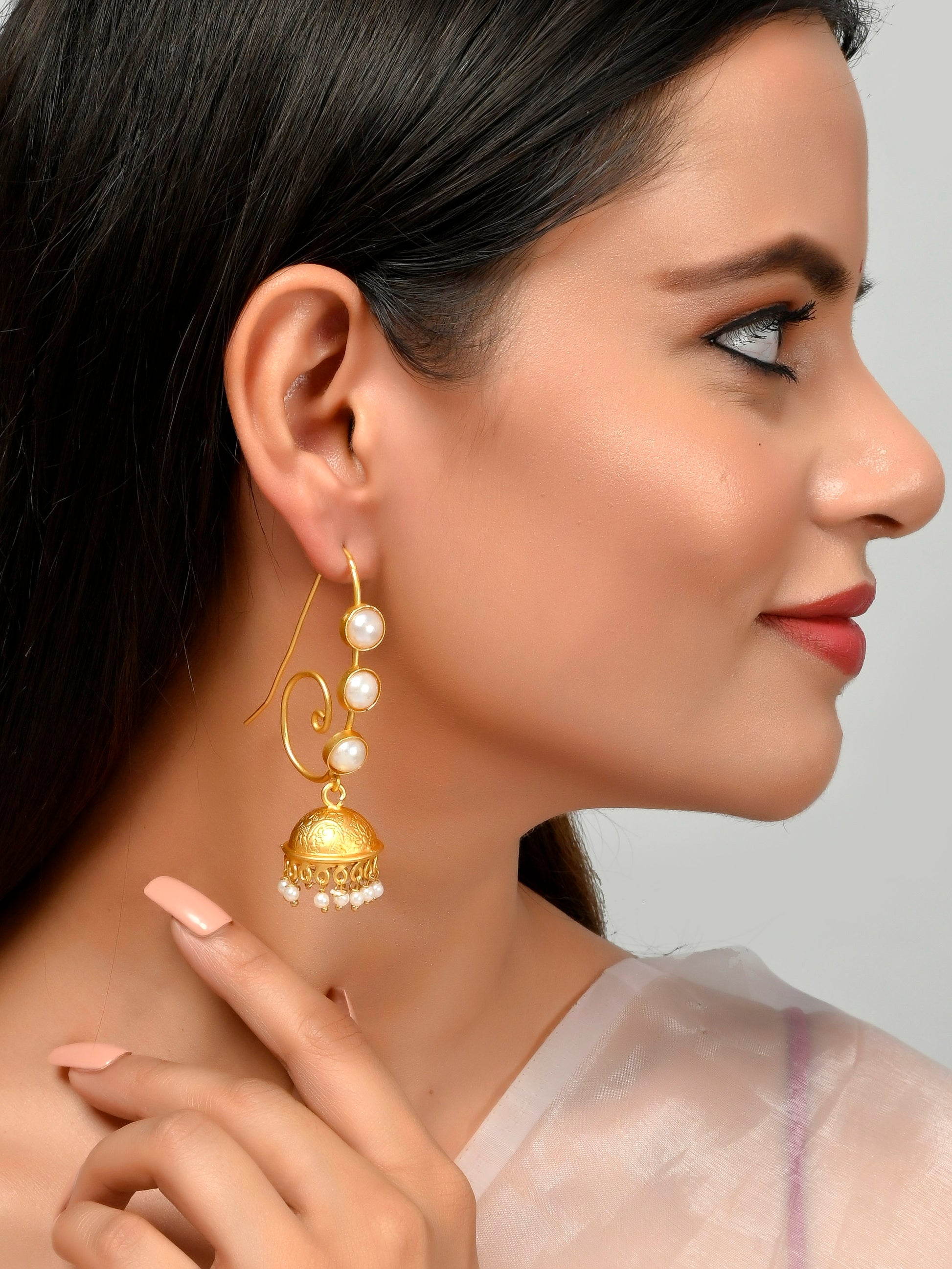 Gold Toned Pearl Beaded Long Dangle Jhumka Earrings