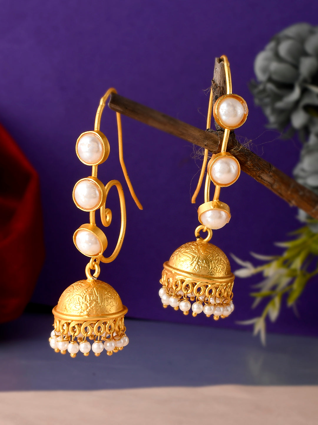 Gold Toned Pearl Beaded Long Dangle Jhumka Earrings for Women Online