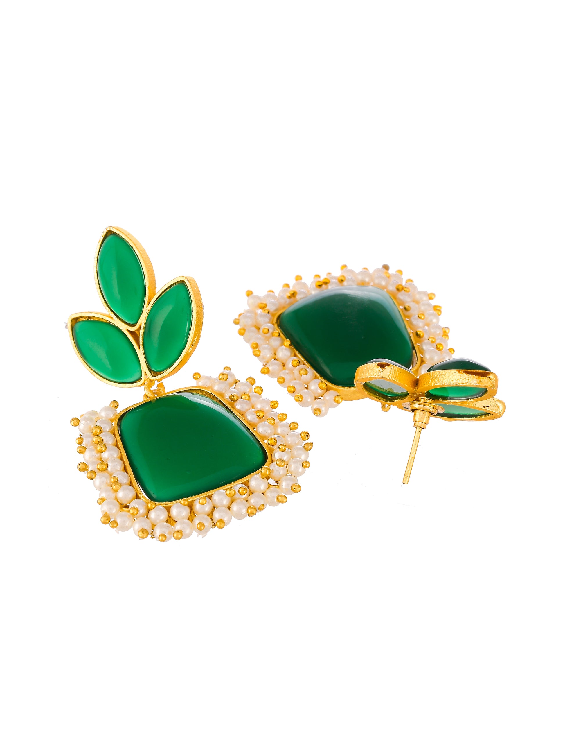 Gold Plated Green Beaded Leaf Design Floral Earrings